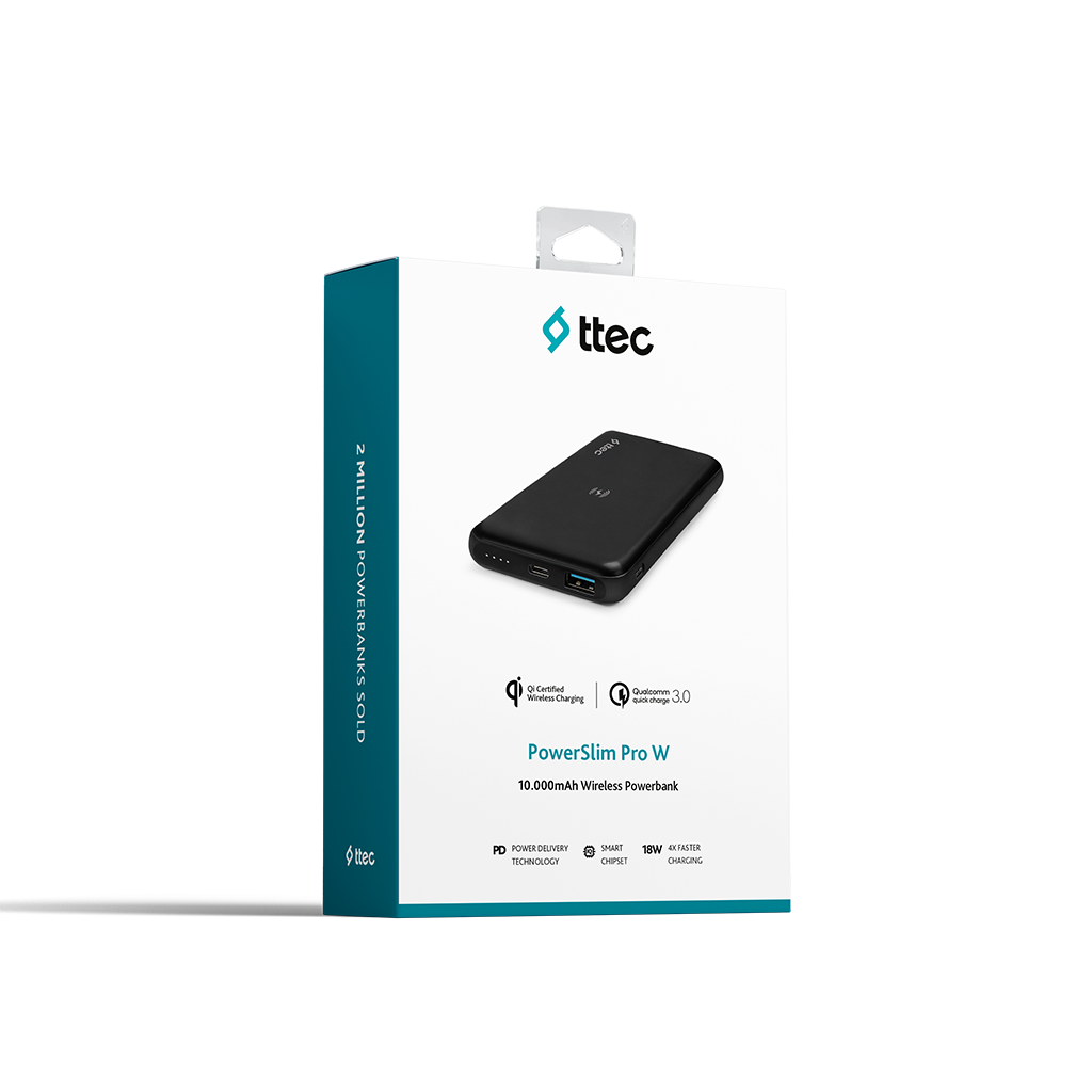 İçinde siyah bir powerbank bulunan powerbank kutusu, kutuda ürün bilgisi.
