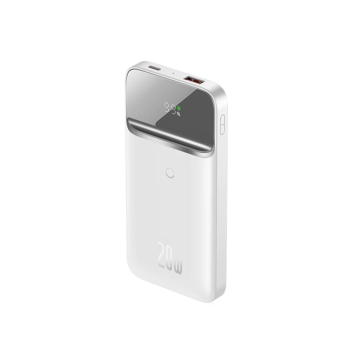 Şarj yüzdesini gösteren ekranlı beyaz powerbank, beyaz zemin üzerine izole edilmiş.