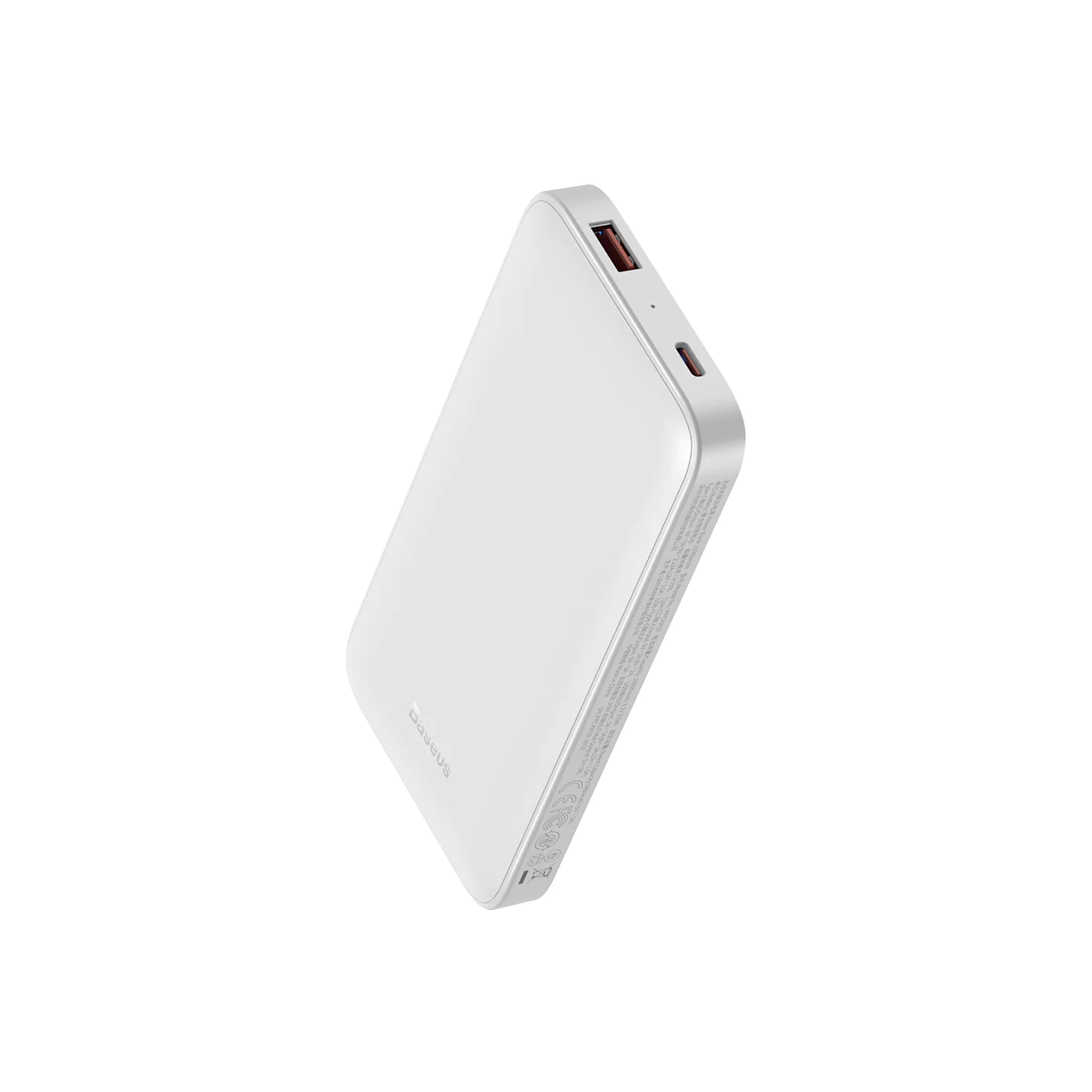 USB portlu ve Basues logolu beyaz powerbank.