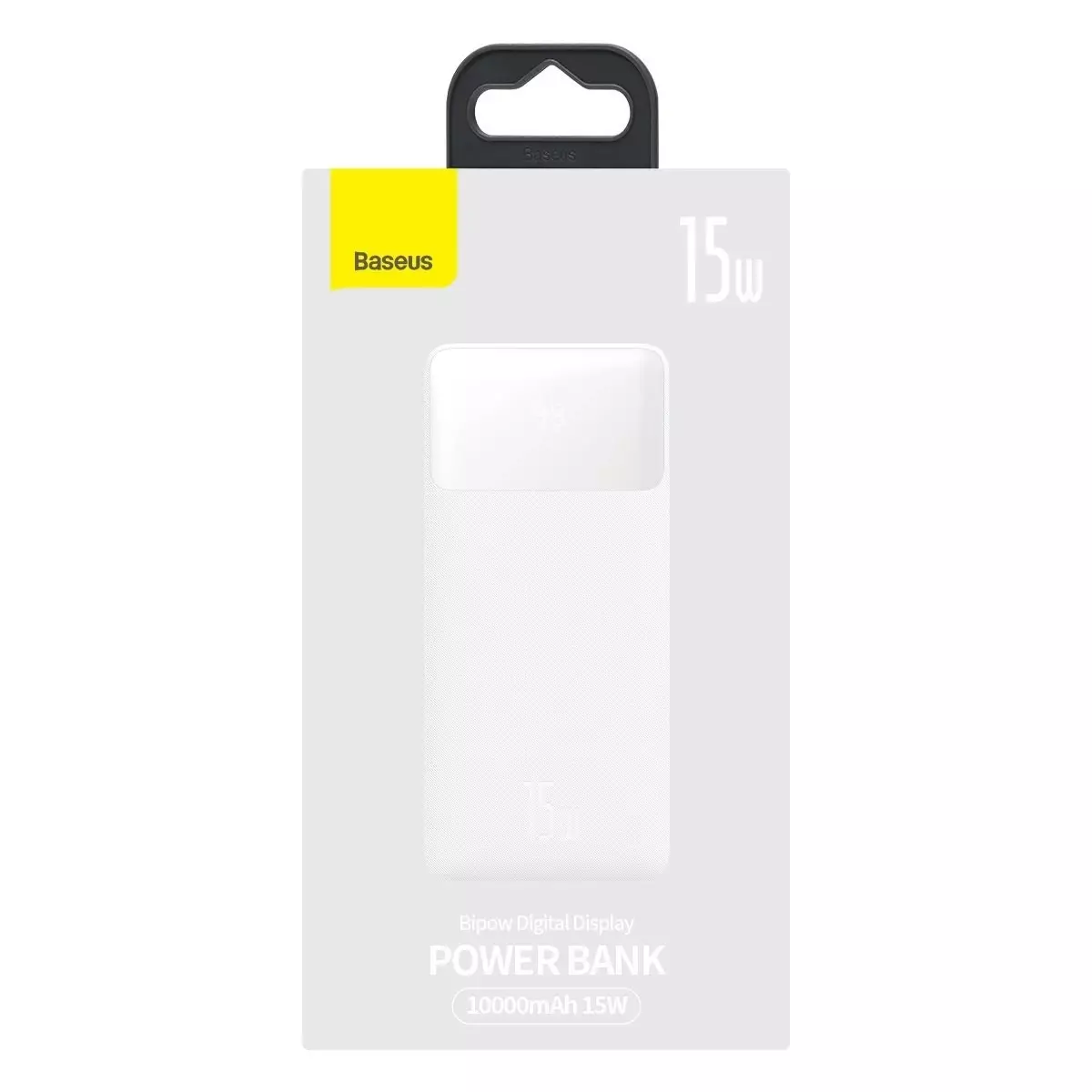 Baseus powerbank ambalajında. Ambalaj beyaz, siyah yazılı.