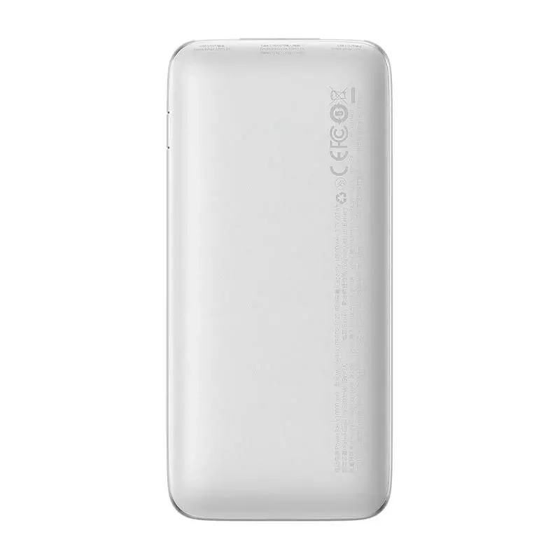 Pürüzsüz, parlak yüzeyli beyaz bir powerbank. Yüzeyde metin ve semboller basılıdır.