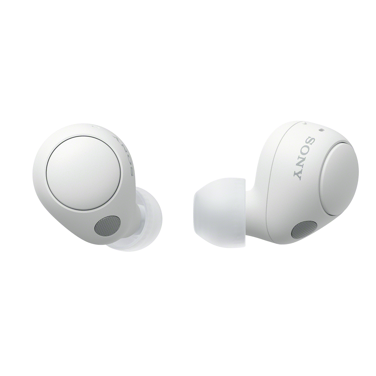 Witte Sony oordopjes, met de merknaam zichtbaar op één oordopje.