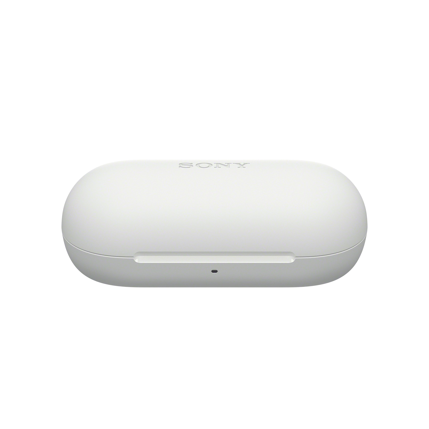 Een witte, ovaalvormige oplaadcase voor oordopjes, gesloten, tegen een zwarte achtergrond.