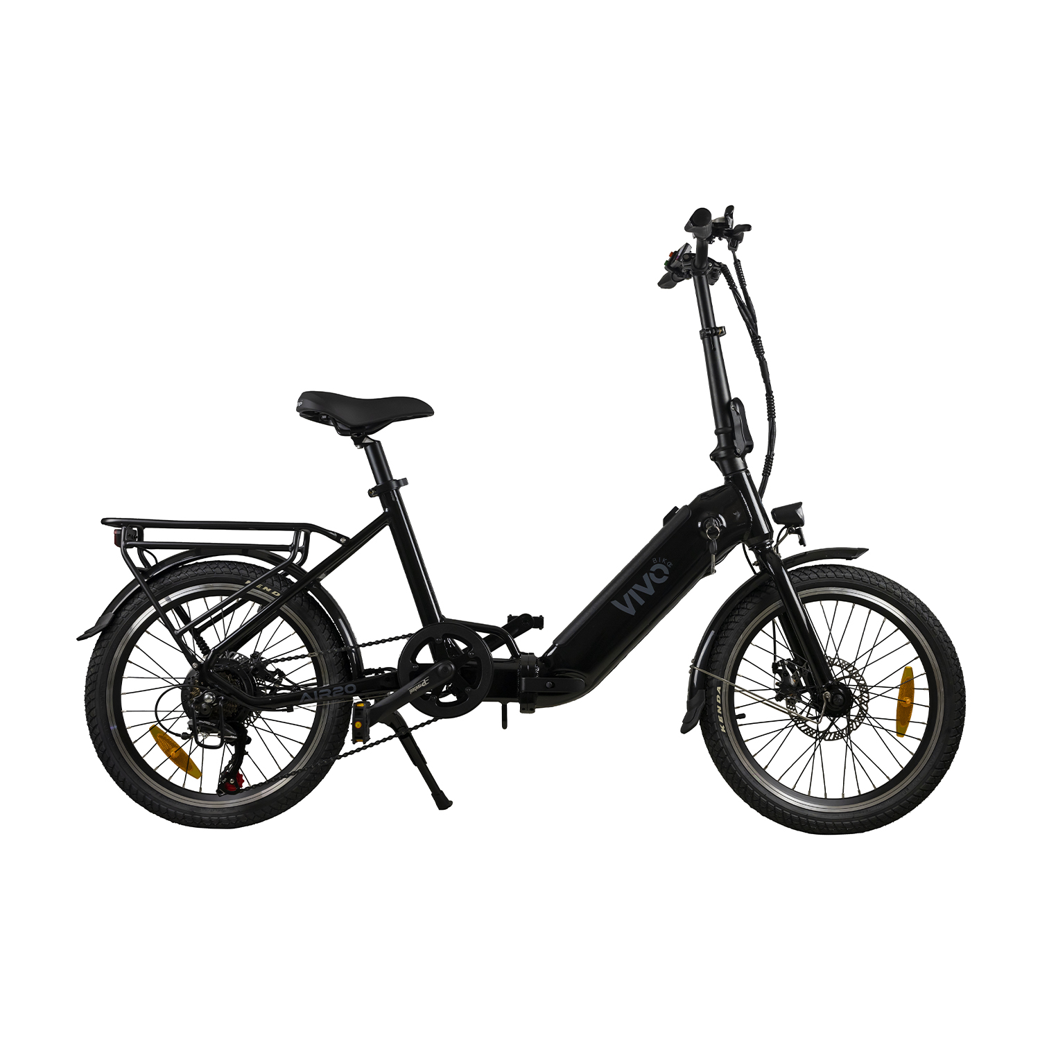 Bicicletta elettrica nera, isolata su sfondo bianco. Presenta ruote, sella e manubrio.
