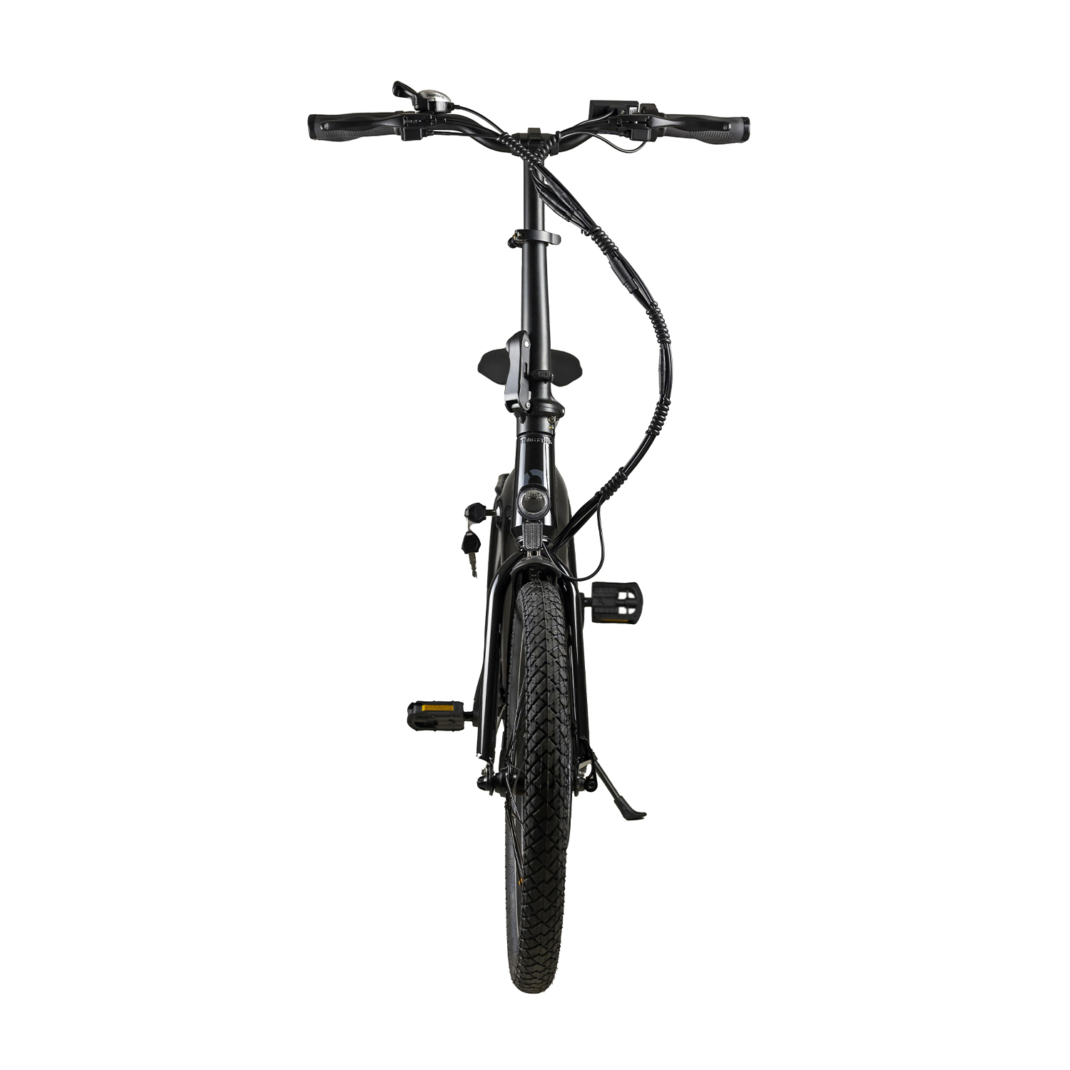 Vista frontale di una bici pieghevole nera, con il manubrio alzato e i pedali visibili.