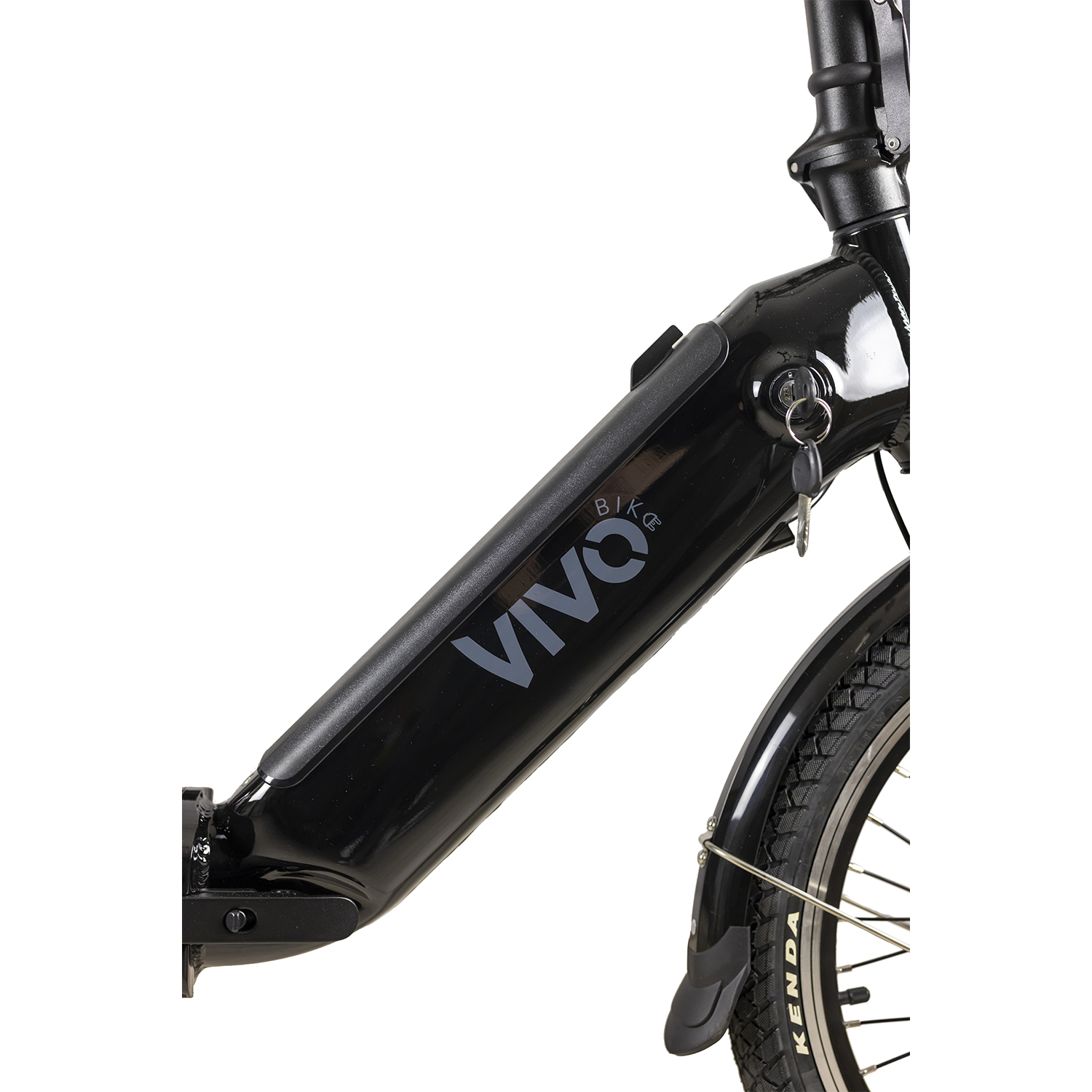 Primo piano del telaio di una e-bike con logo VIVO Bike e ruota anteriore.