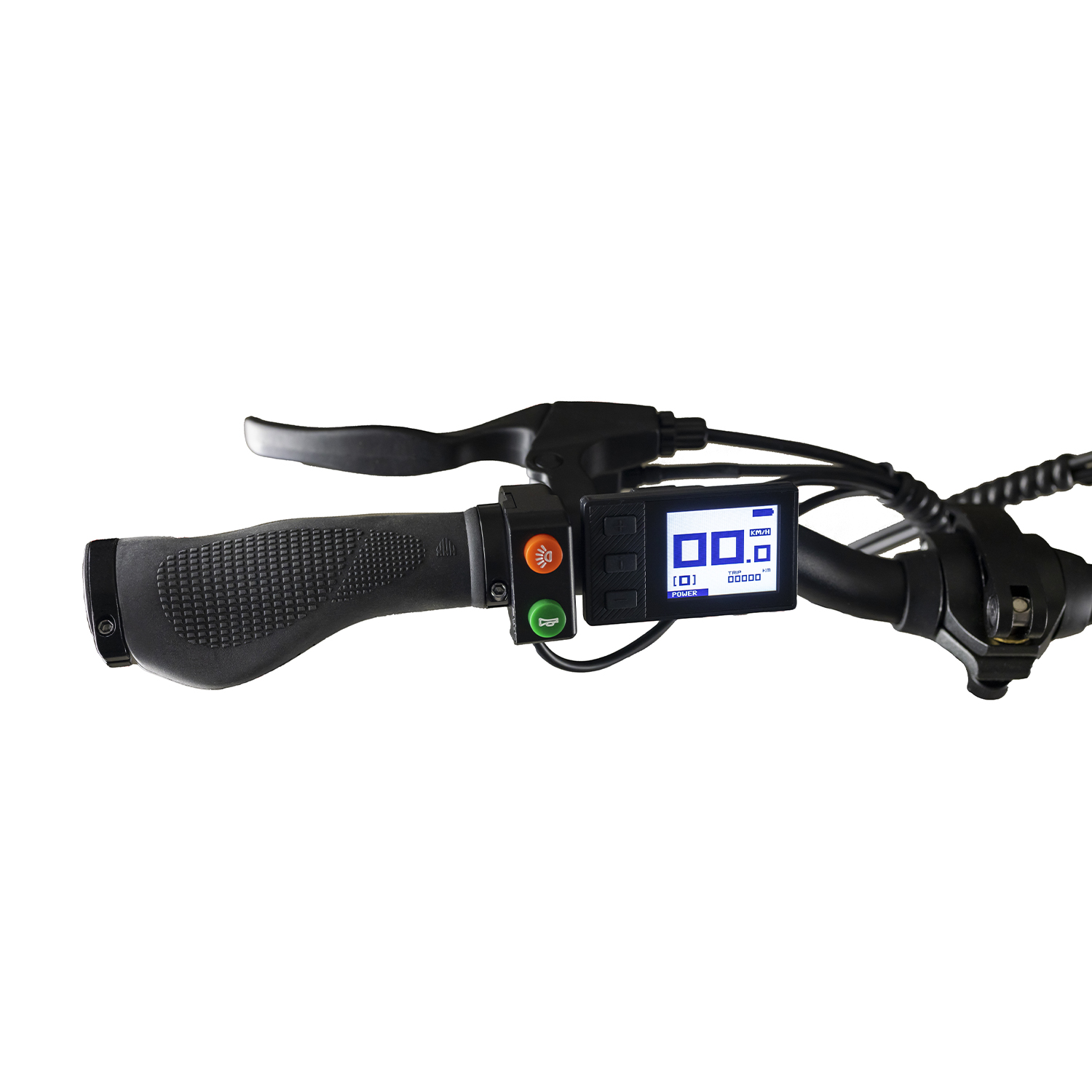 Manubrio bici con controlli: luce verde, pulsante e schermo.