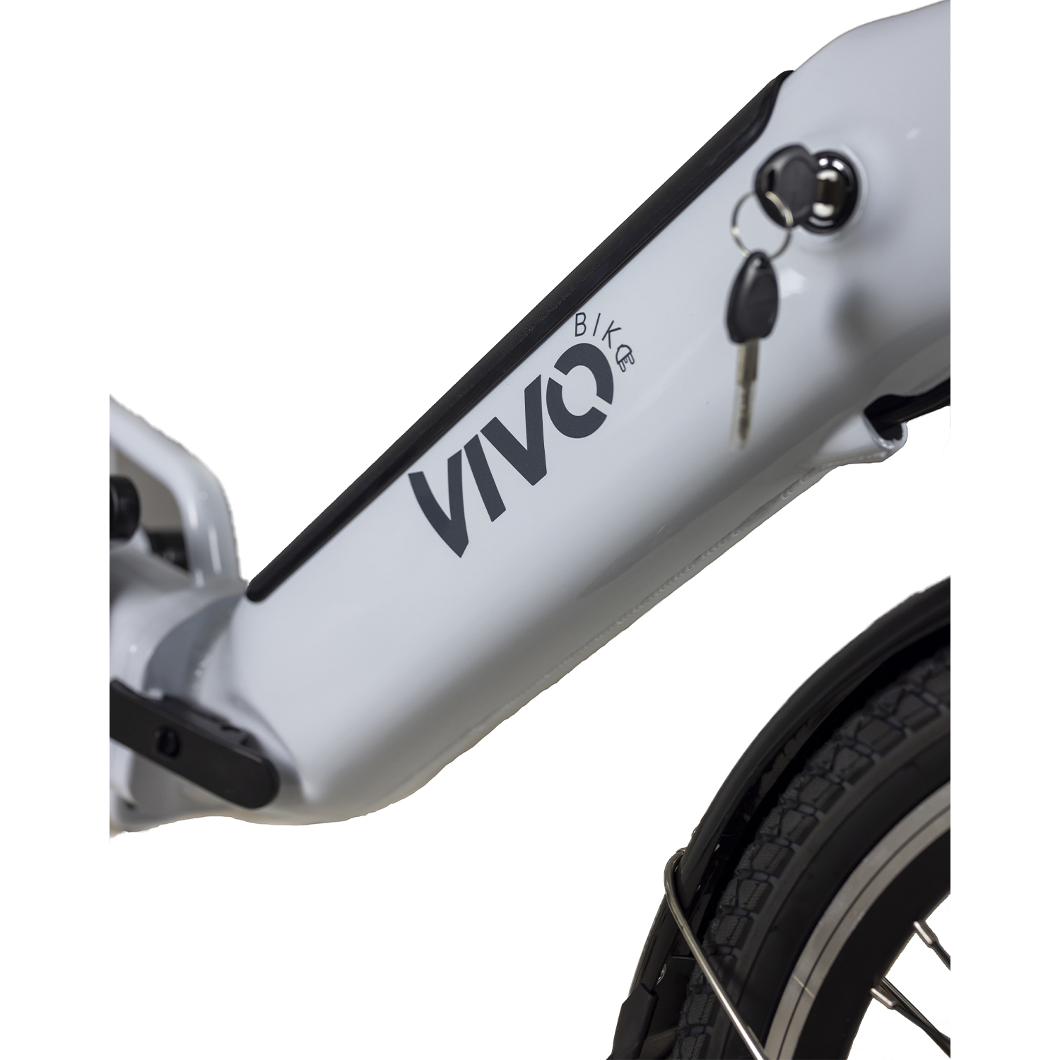 Telaio bici bianco con dettagli neri e logo 'VIVO BIKE'.