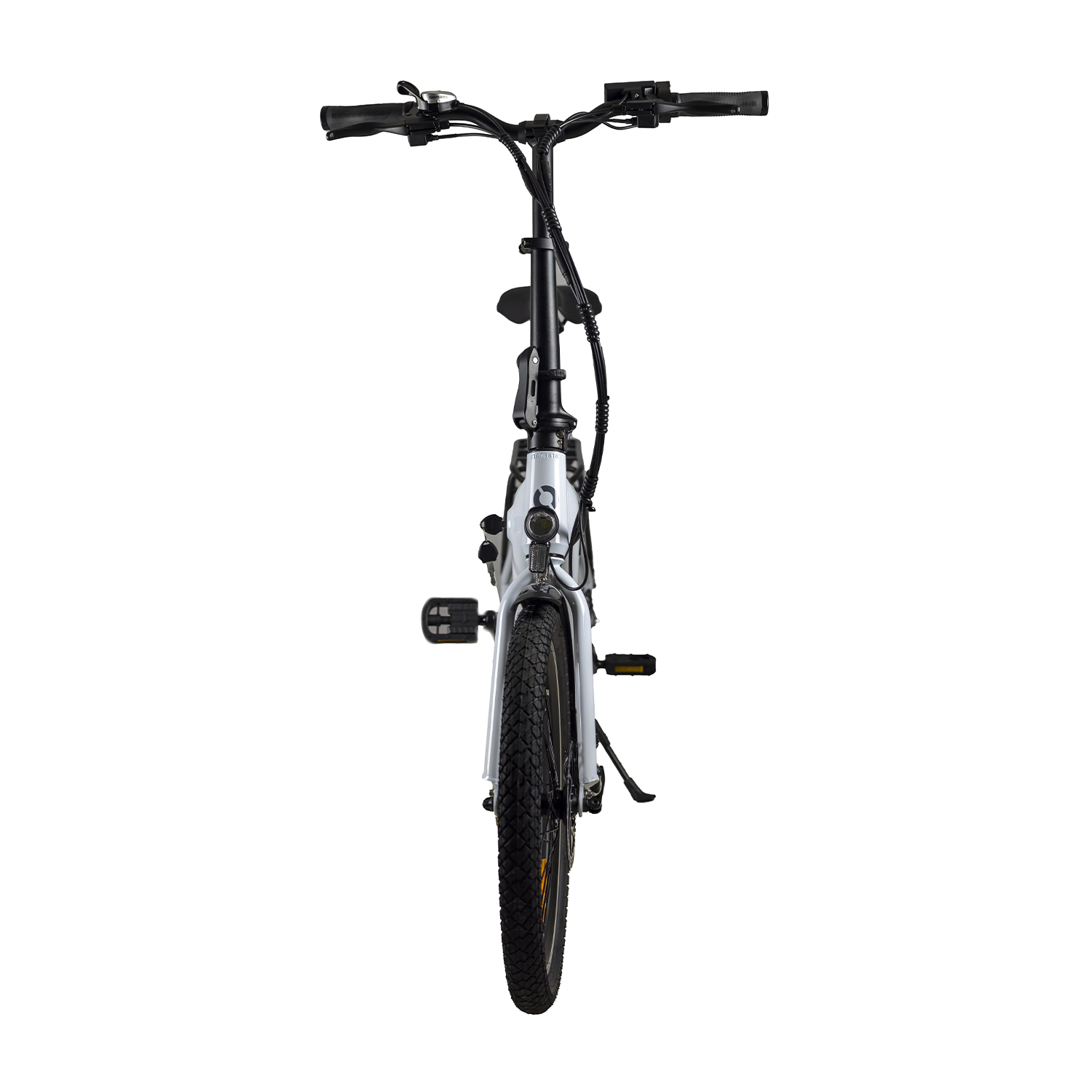 Bicicletta elettrica pieghevole bianca e grigia. La bici è rivolta verso lo spettatore.