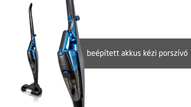Két porszívó, az egyik használatban, a másik oldalsó nézetben. Az egyik fekete és kék, a másik fekete és kék.