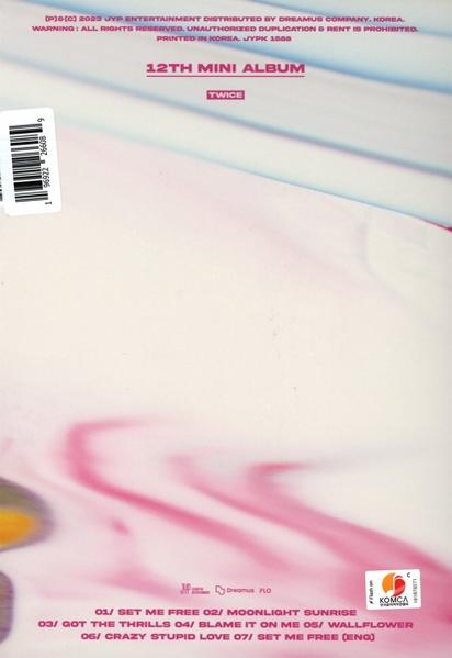 Albumcover mit Text und abstrakten rosa und weißen Streifen; Albumdetails.