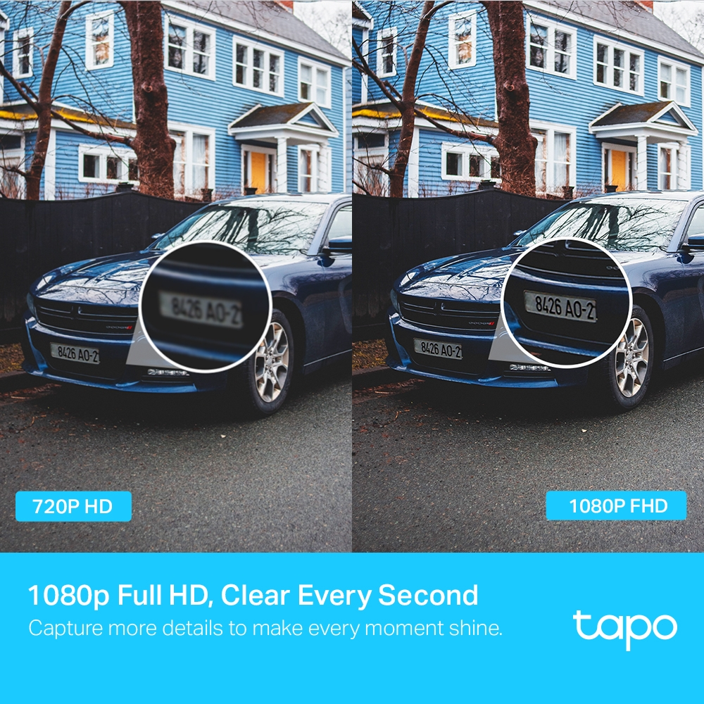 Due auto con targhe a confronto. Una mostra 720p HD, l'altra 1080p FHD. Testo: '1080p Full HD, Clear Every Second'.