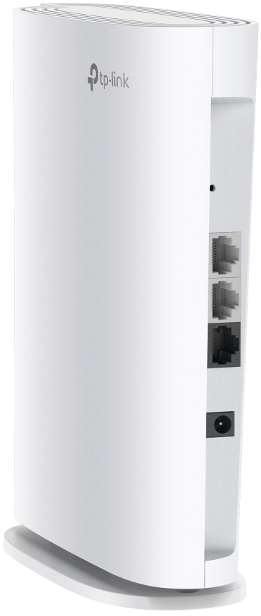 Routeur tp-link blanc, vue latérale montrant les ports et les ports pour Internet.