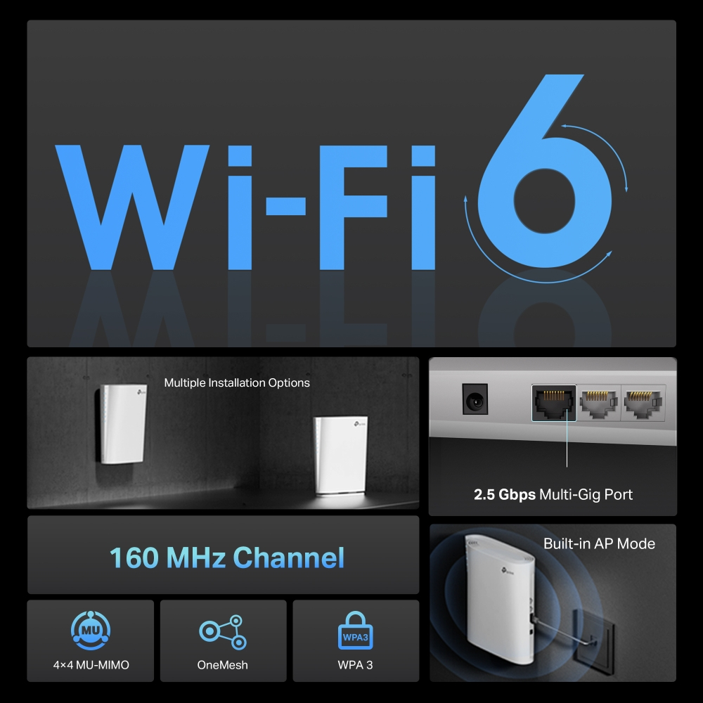 Boîte avec un amplificateur de portée Mesh Wi-Fi 6, blanc, avec ses caractéristiques.