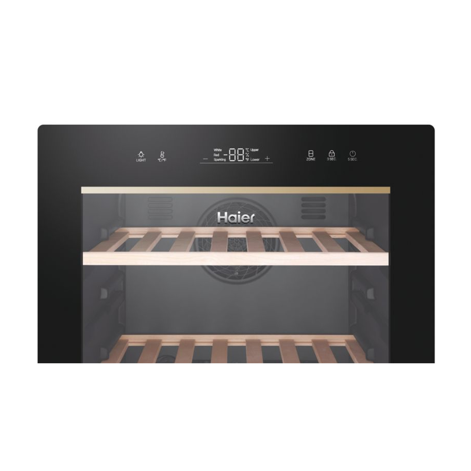 Frigorifero per vini Haier nero con due ripiani, display digitale e dettagli in legno.