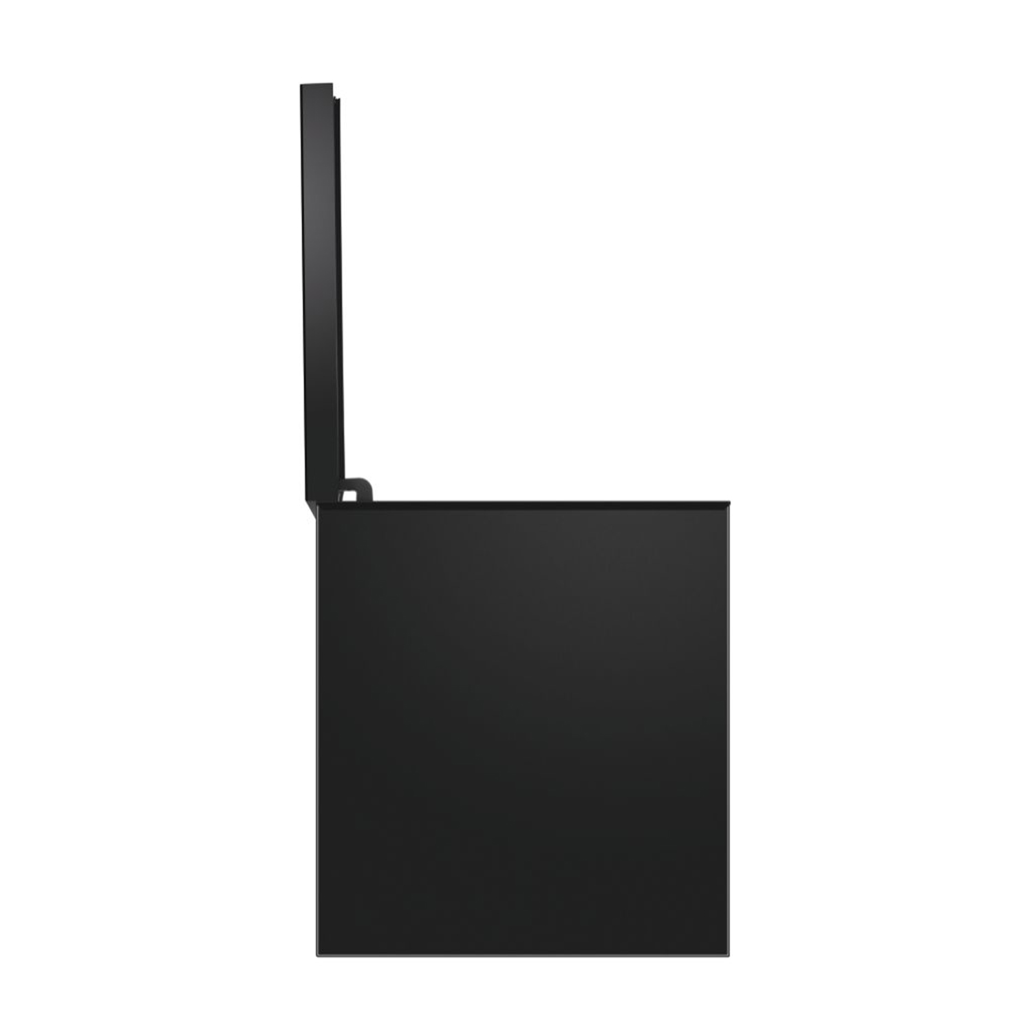 Mobile nero con coperchio superiore aperto su sfondo bianco.