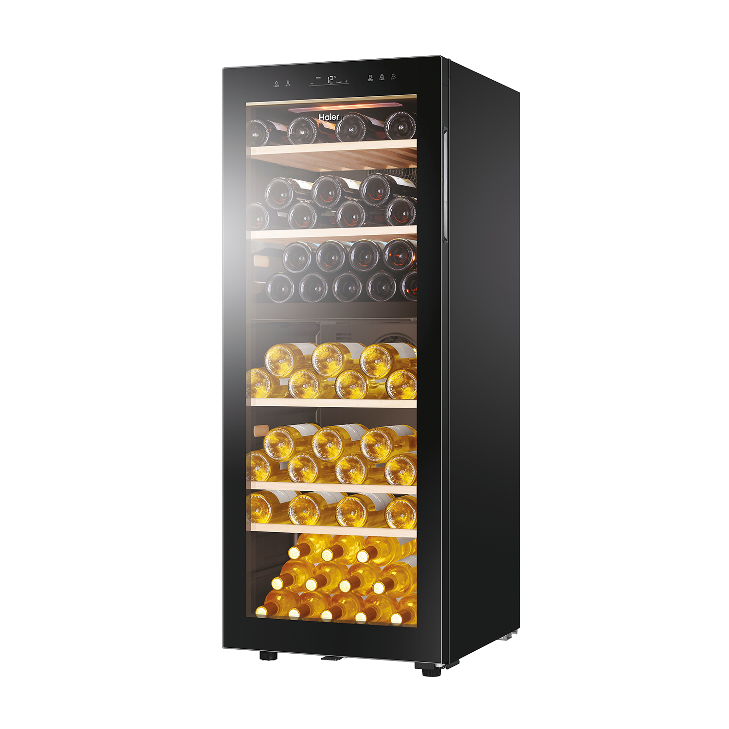 Cantinetta nera con bottiglie di vino.