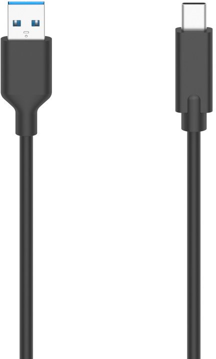 Schwarzes USB-Kabel. Ein Ende ist USB, das andere USB-C. Weißer Hintergrund.