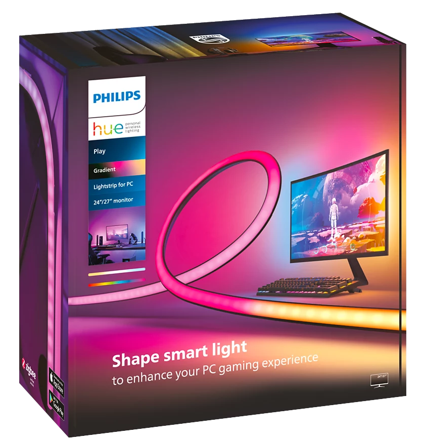 Egy Philips Hue doboz. Egy fényszalagot, egy monitort és a szlogent mutatja: Shape smart light.