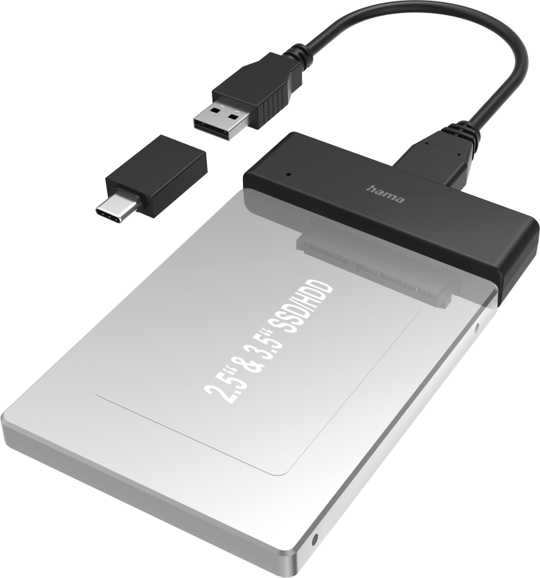 Custodia SSD/HDD argentata con parte superiore nera e cavi USB collegati. Testo sulla custodia: 2.5" & 3.5" SSD/HDD.