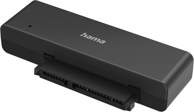 Adattatore Hama SATA a USB 3.0 nero, con porte. Sfondo nero.