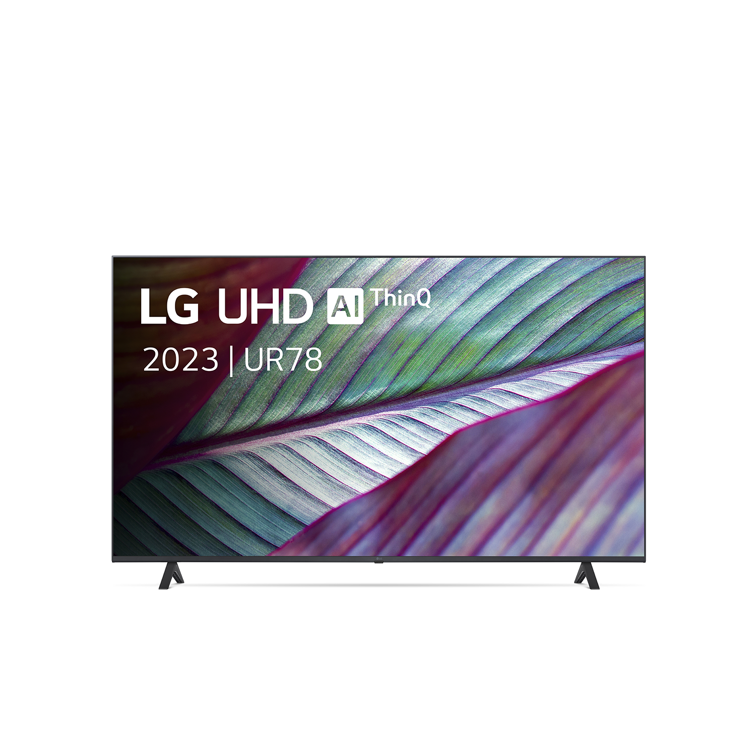 LG UHD TV met een bladerpatroon op het scherm. De tv heeft een zwart frame.