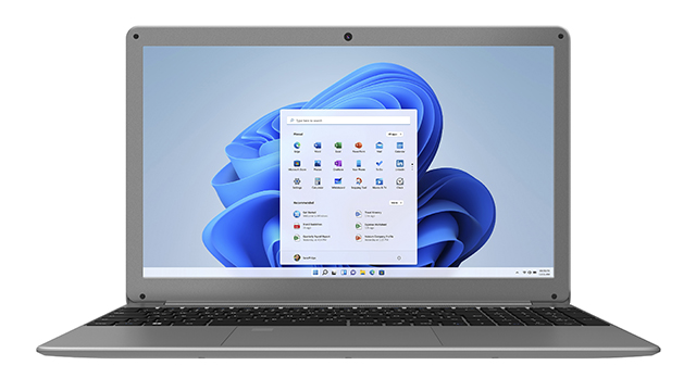 Laptop nyitott Windows 11 felülettel. Ezüst keret, fehér háttér, elölnézet.