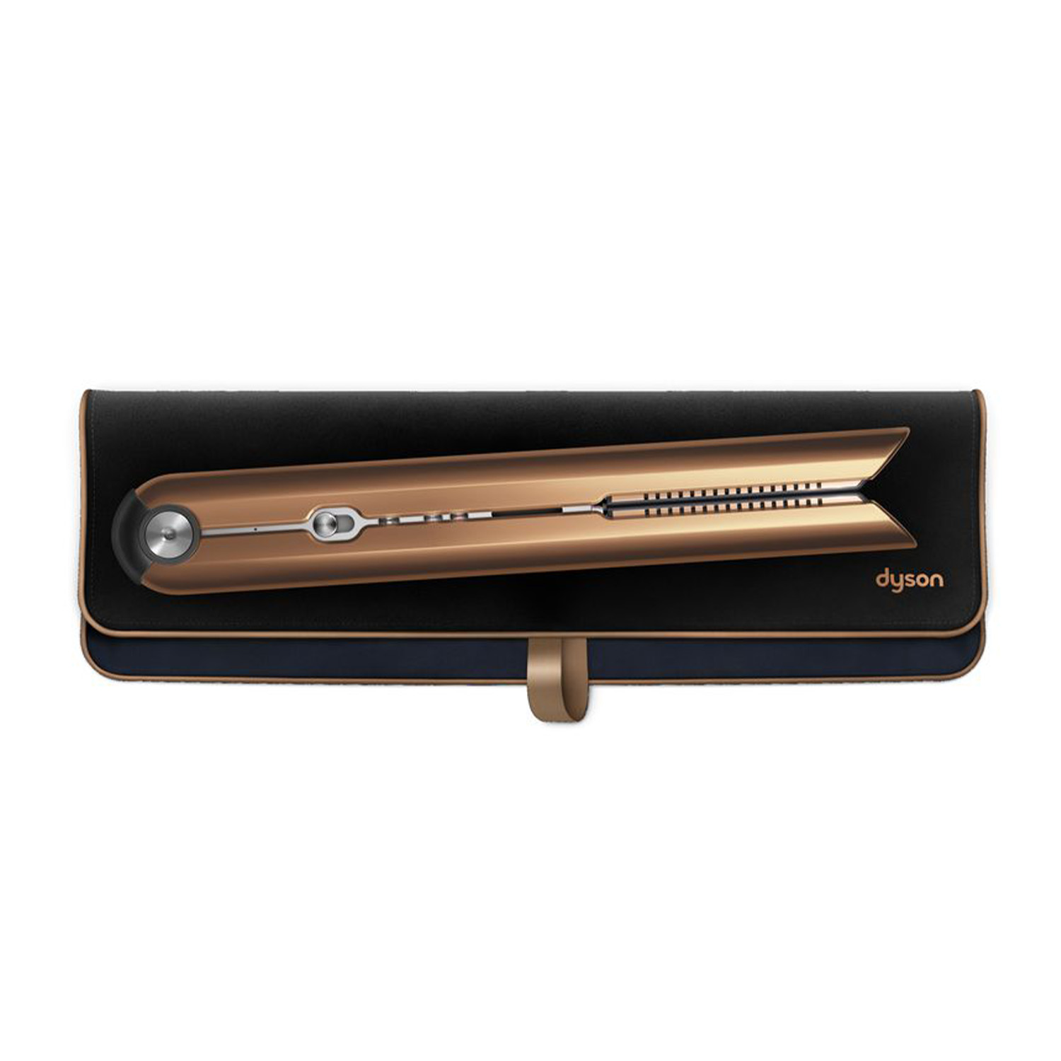 Piastra per capelli Dyson in una custodia, schema di colori oro e nero.