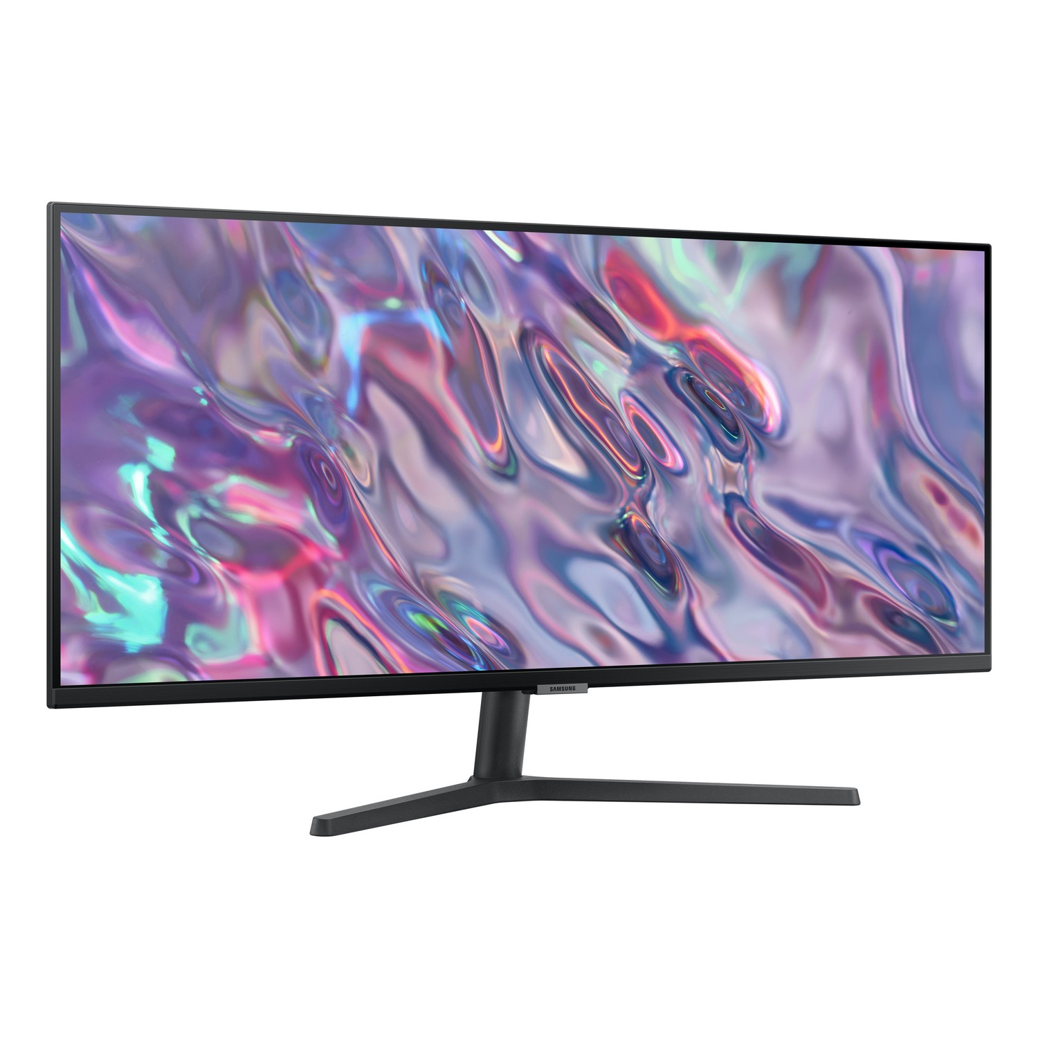 Moniteur d'ordinateur large et incurvé avec cadre et pied noirs, et fond abstrait.