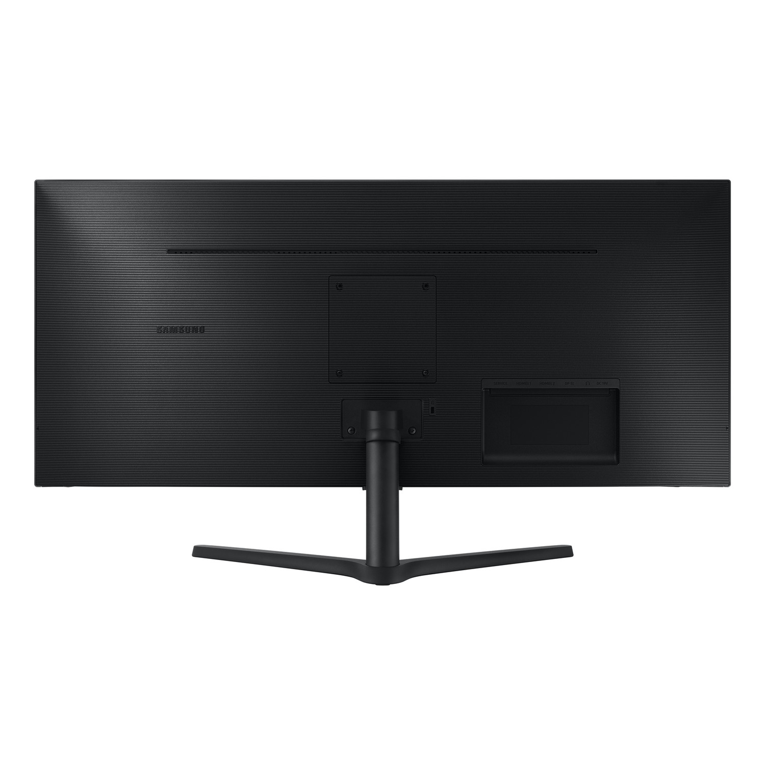 Arrière d'un écran d'ordinateur noir avec une surface texturée et un support. Fond noir.