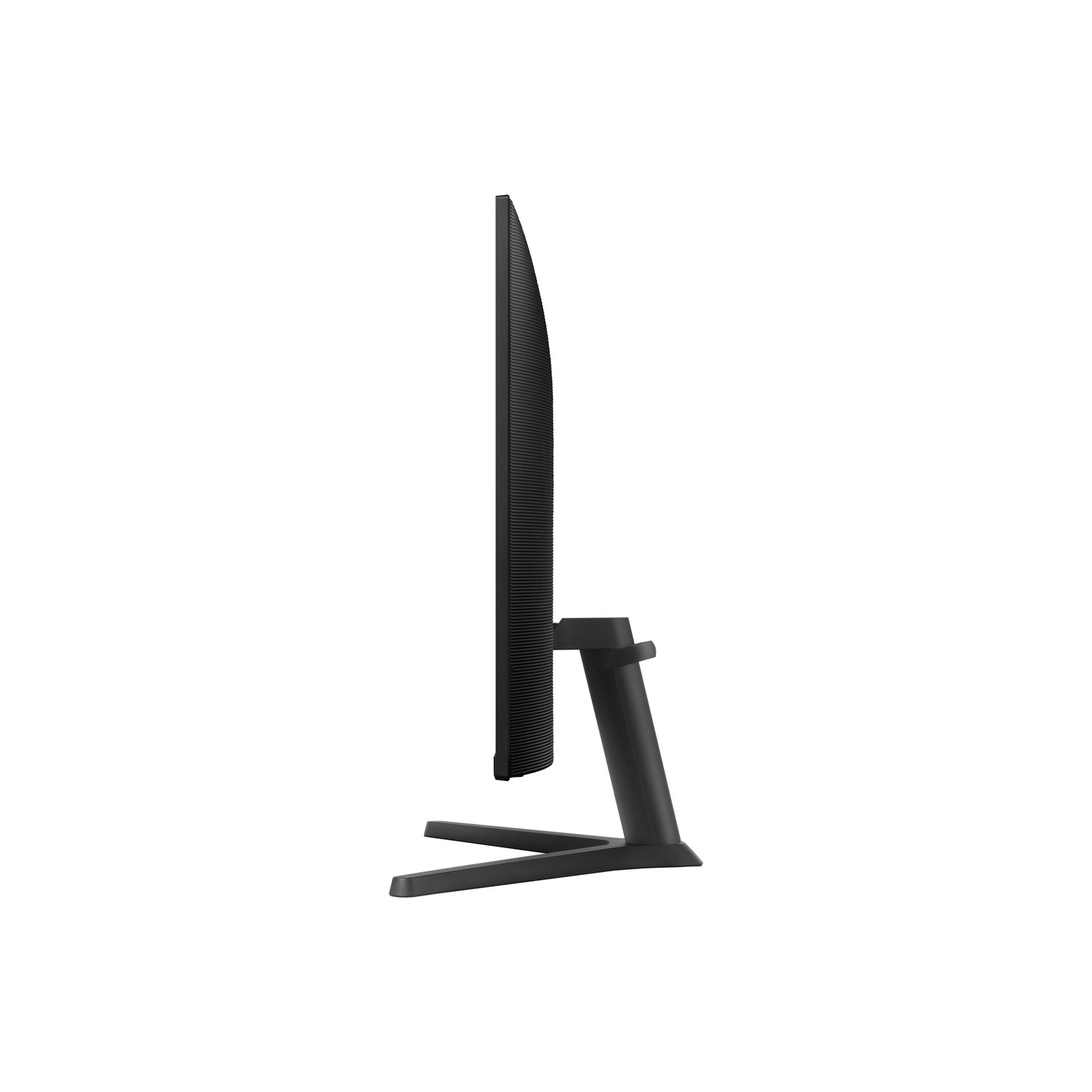 Vue latérale d'un moniteur d'ordinateur noir sur un support noir, sur fond blanc.