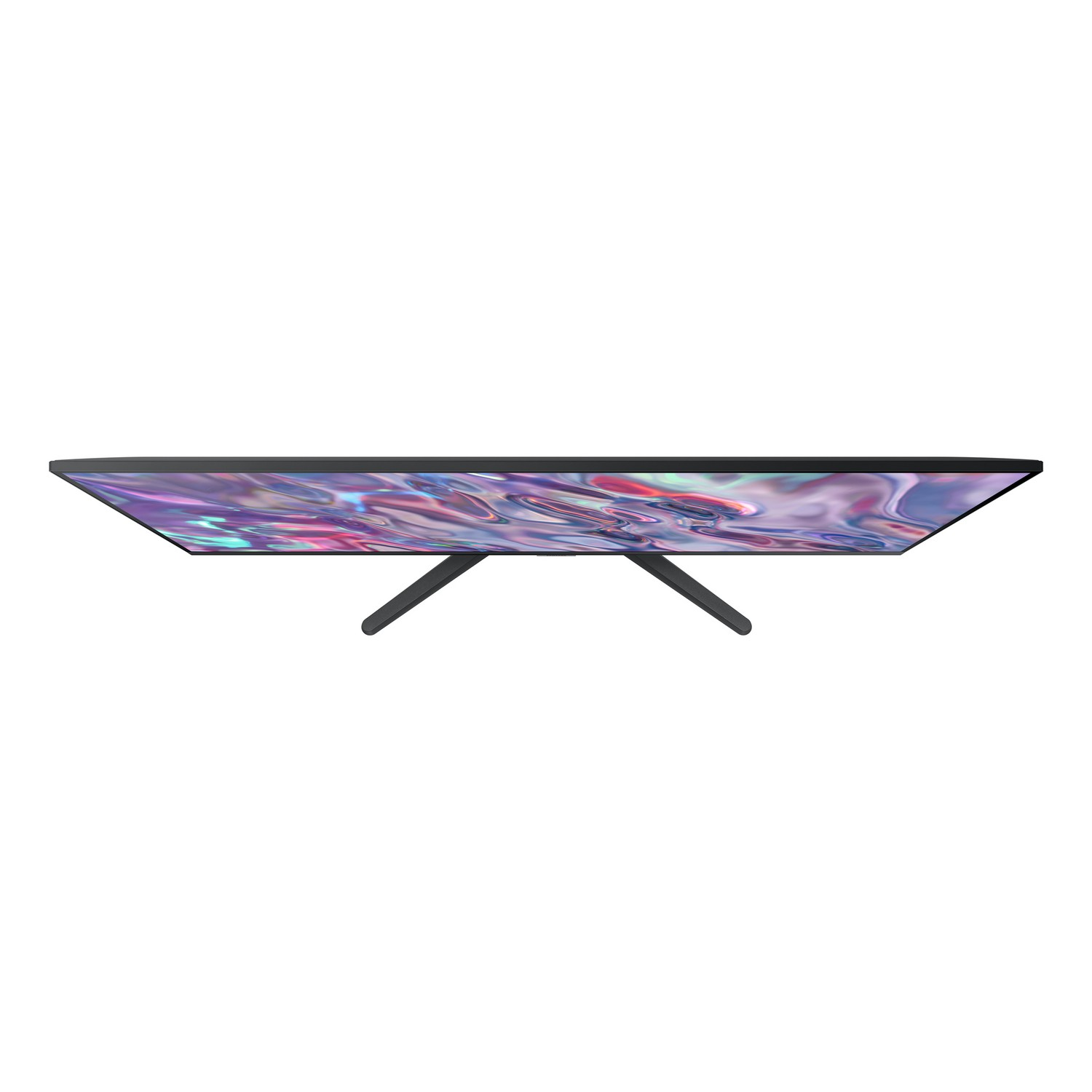 Vue de dessus d'un téléviseur. Cadre noir, pied noir, affichant un motif violet et blanc.