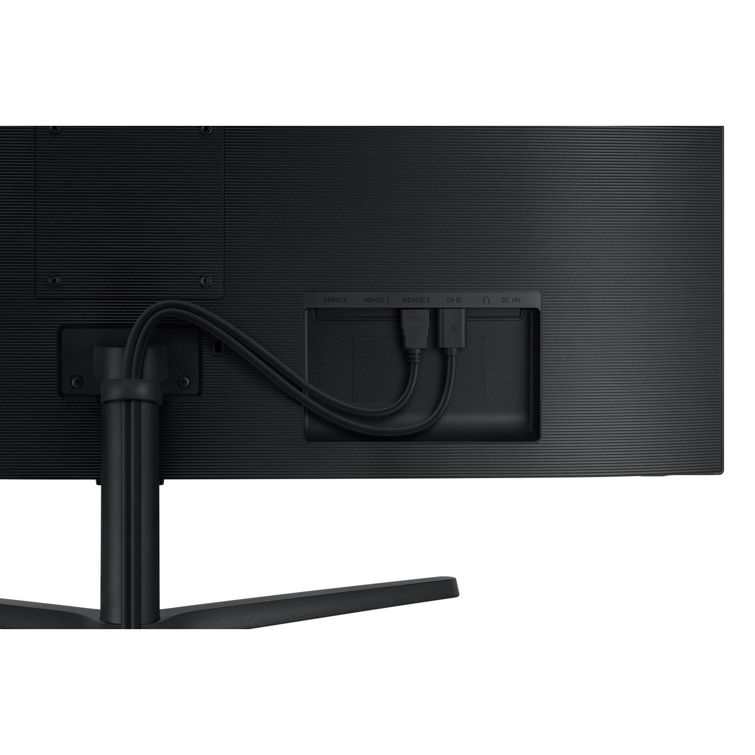 Arrière d'un moniteur noir montrant les ports pour les câbles.
