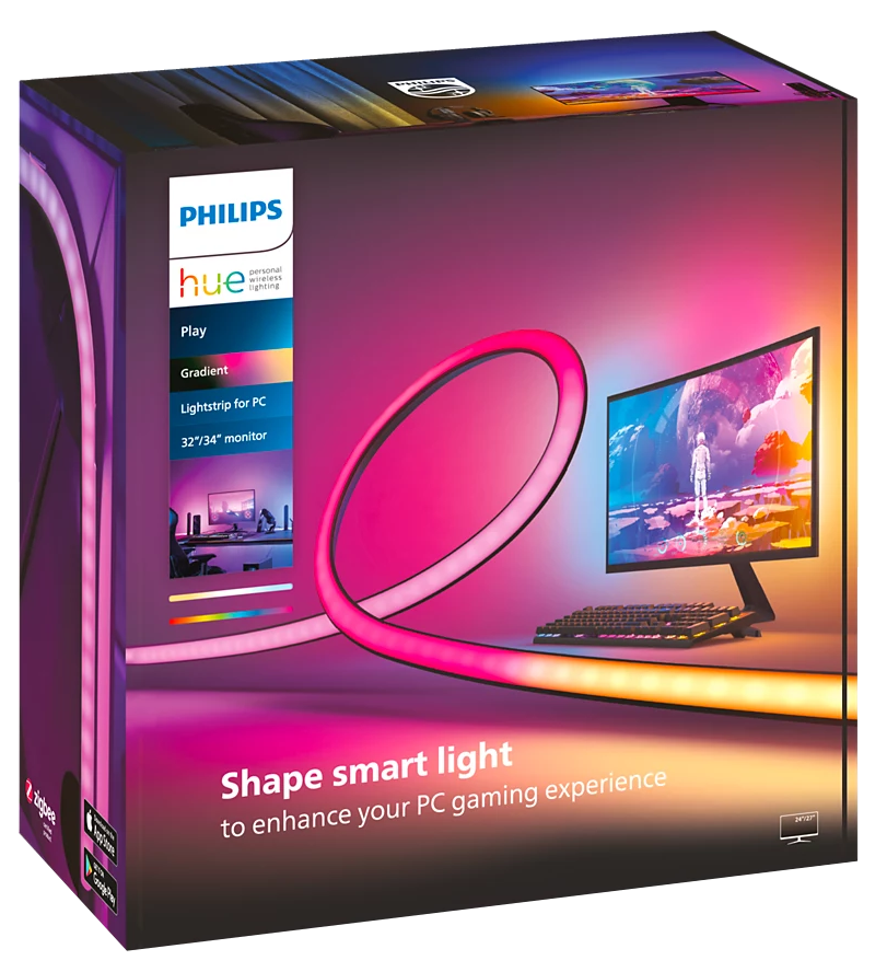 Philips Hue smart light doboza. Rózsaszín fénysáv a dobozon, monitor illusztrációval.