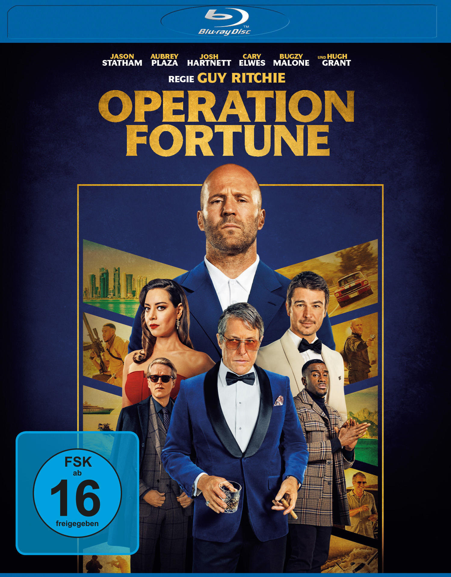 Operation Fortune-Filmcover. Gruppe von Leuten in Anzügen. Jason Statham steht im Mittelpunkt.