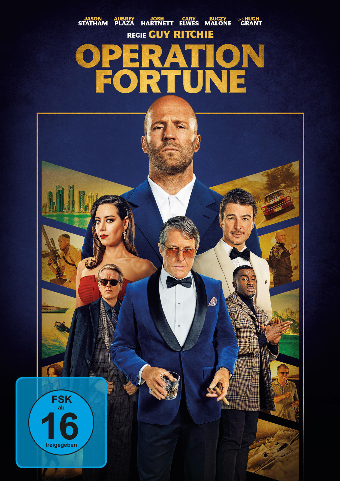 Filmplakat mit Jason Statham, Aubrey Plaza und Hugh Grant. Es ist ein dunkelblaues Poster mit Text.