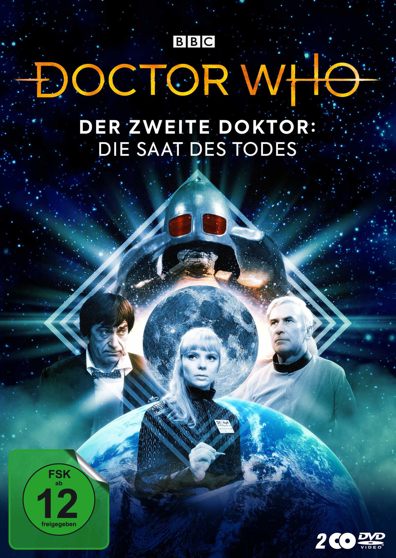 DVD-Cover: Doctor Who, 3 Personen in einer Weltraumszene. Titel: Der Zweite Doktor: Die Saat des Todes.