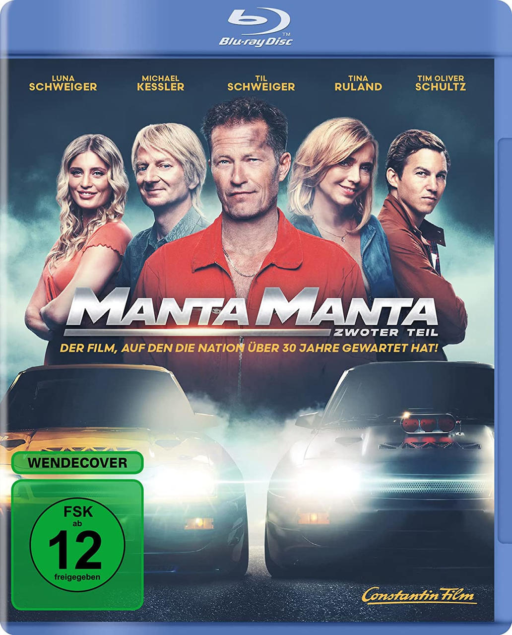 Blu-ray-Disc-Cover für 'Manta Manta - Zweiter Teil', mit Schauspielern und Autos.