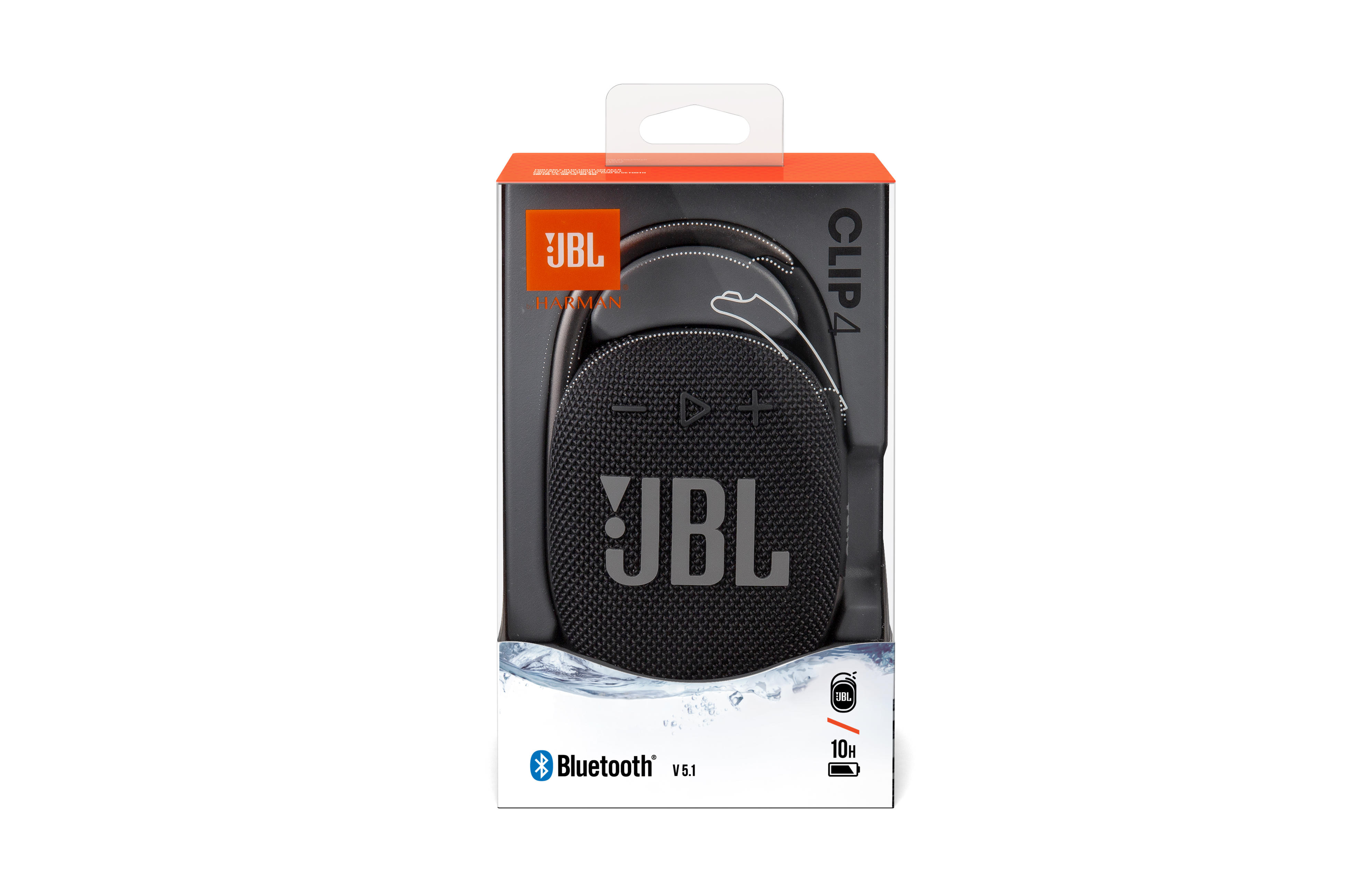 Haut-parleur JBL Clip 4 dans sa boîte, avec le logo JBL et un symbole Bluetooth.