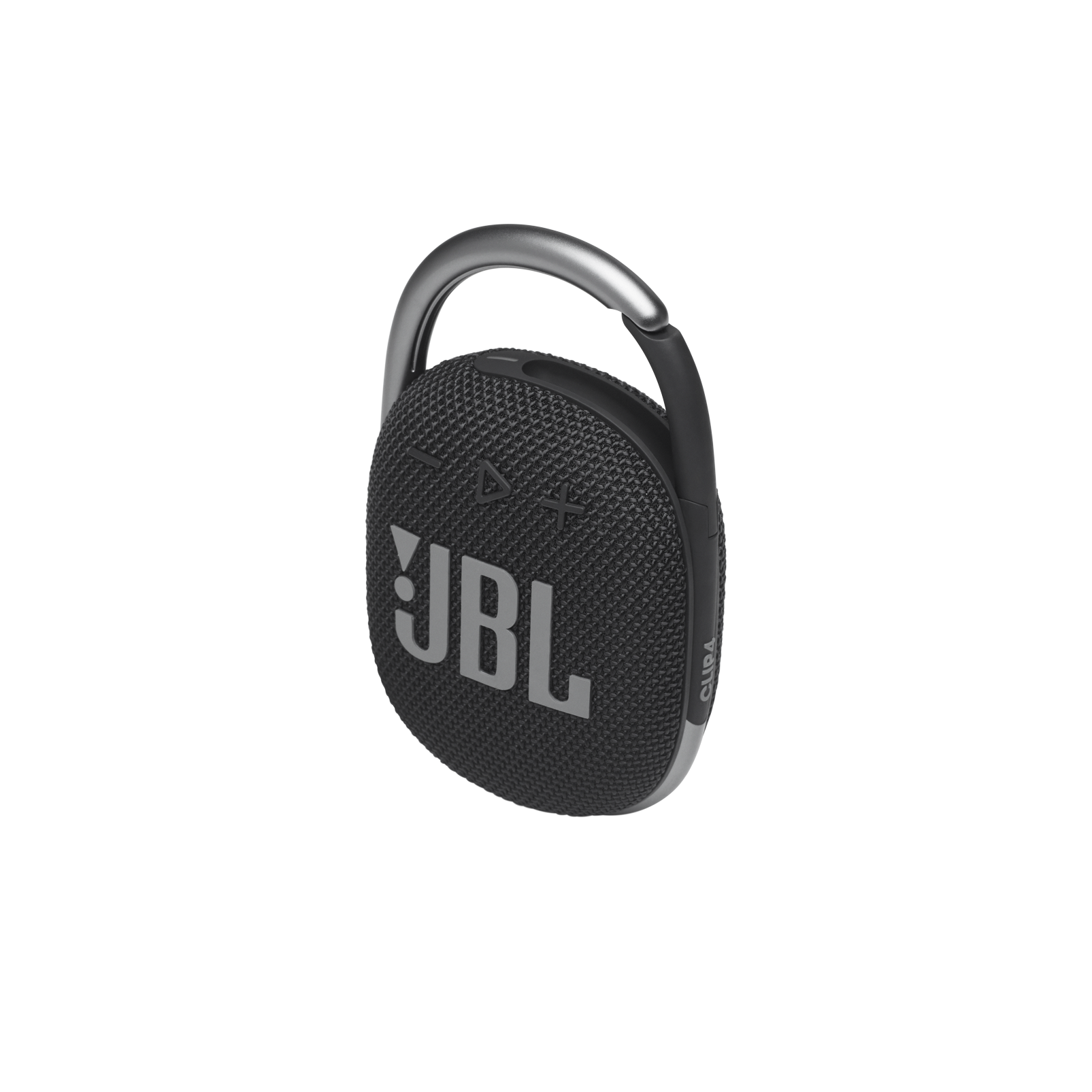 Haut-parleur portable JBL Clip 4 noir avec mousqueton argenté, sur fond noir.