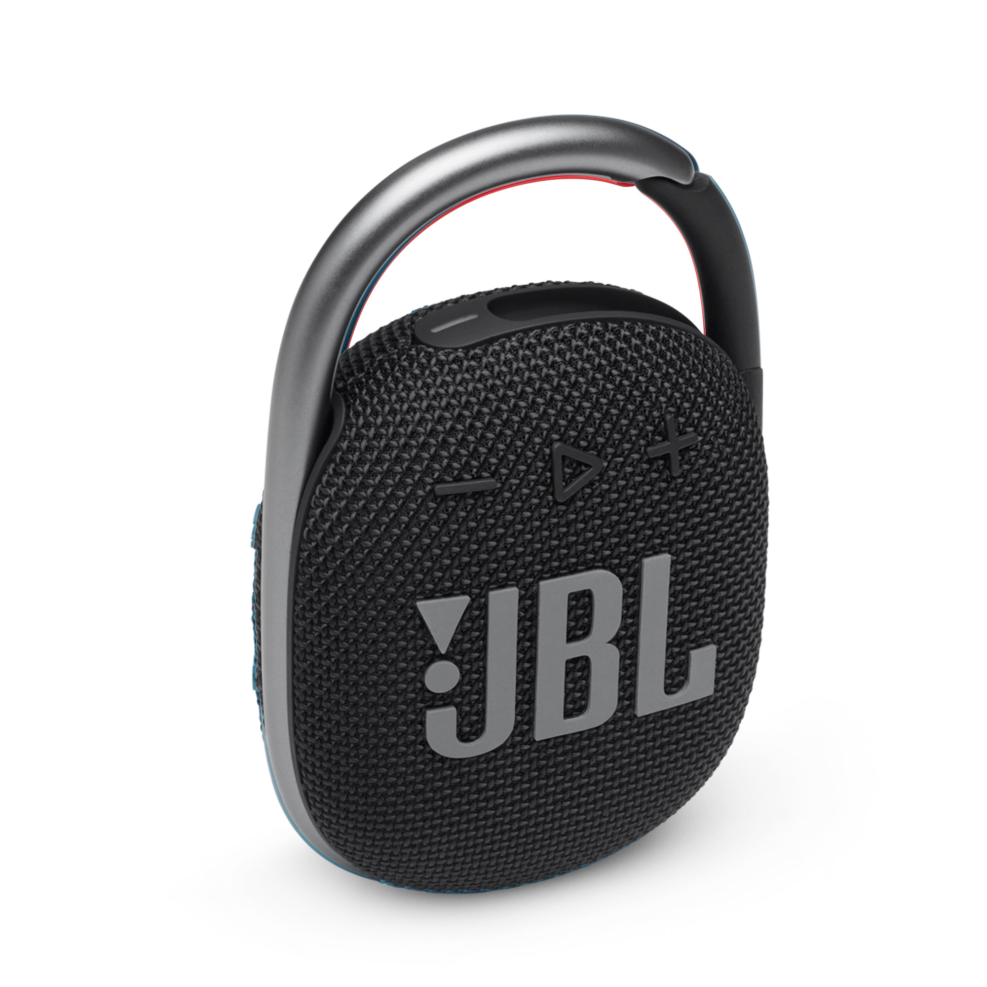 Un haut-parleur JBL Clip noir et gris avec une poignée argentée sur fond blanc, en angle.