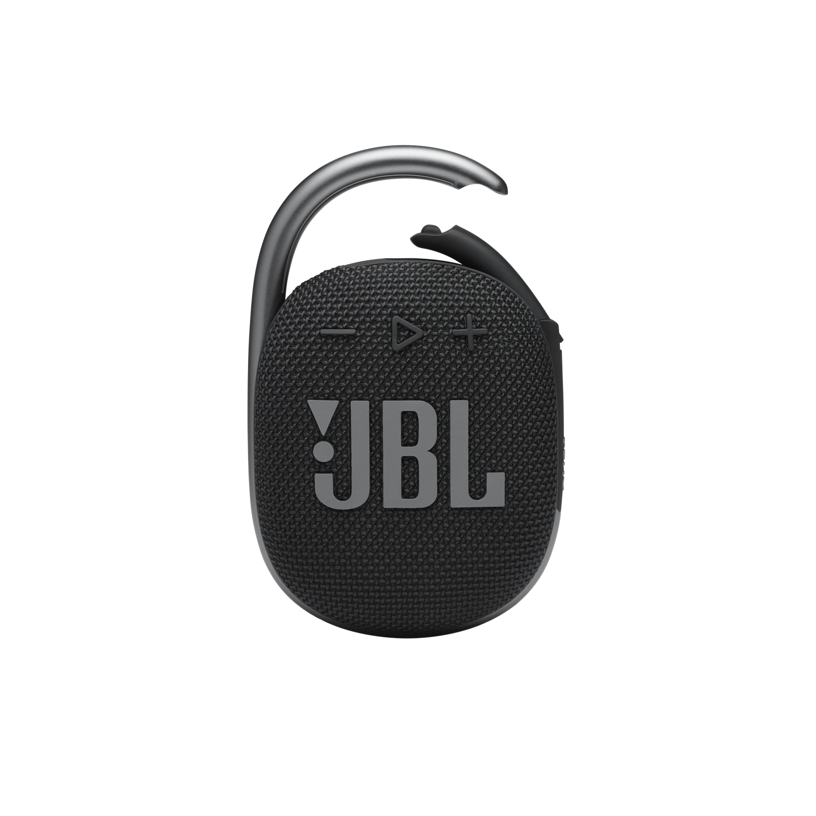 Un haut-parleur JBL Clip noir avec un mousqueton argenté est montré.