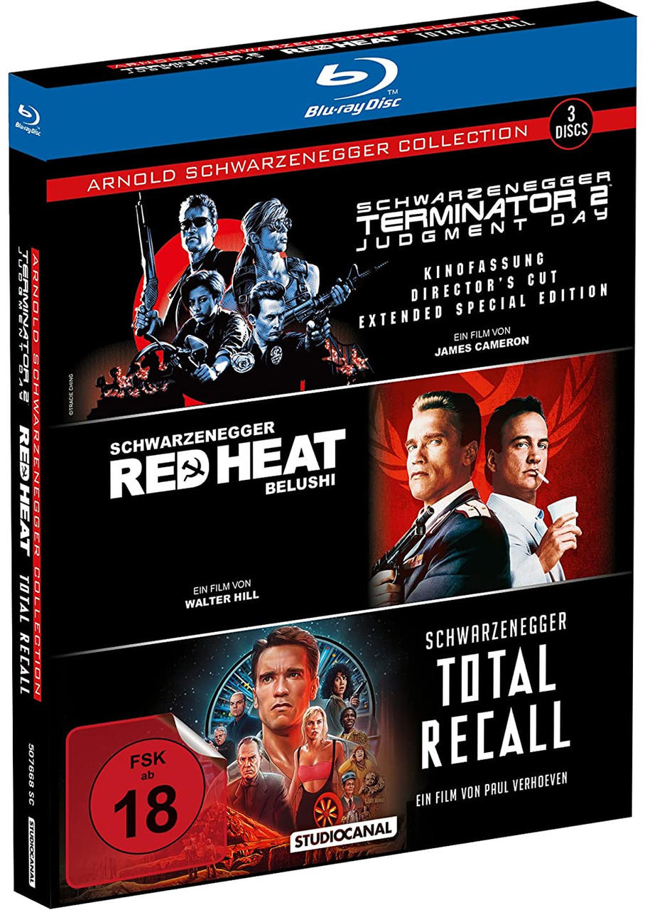 DVD-Box-Set mit drei Schwarzenegger-Filmen: Terminator 2, Red Heat und Total Recall.