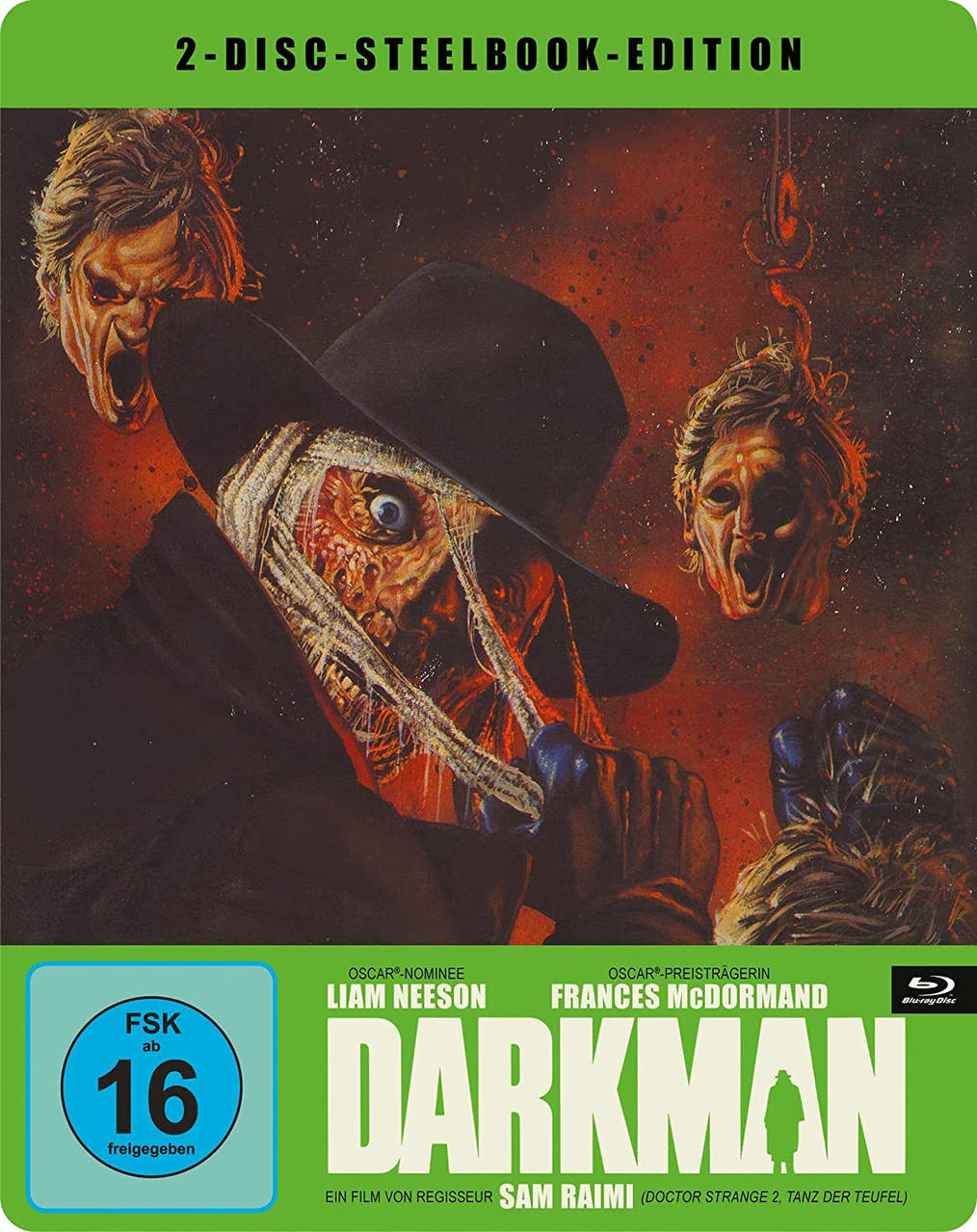 Darkman Filmcover. Zeigt ein Monster mit zerrissenem Gesicht. Text beinhaltet 'Darkman' und Schauspieler.