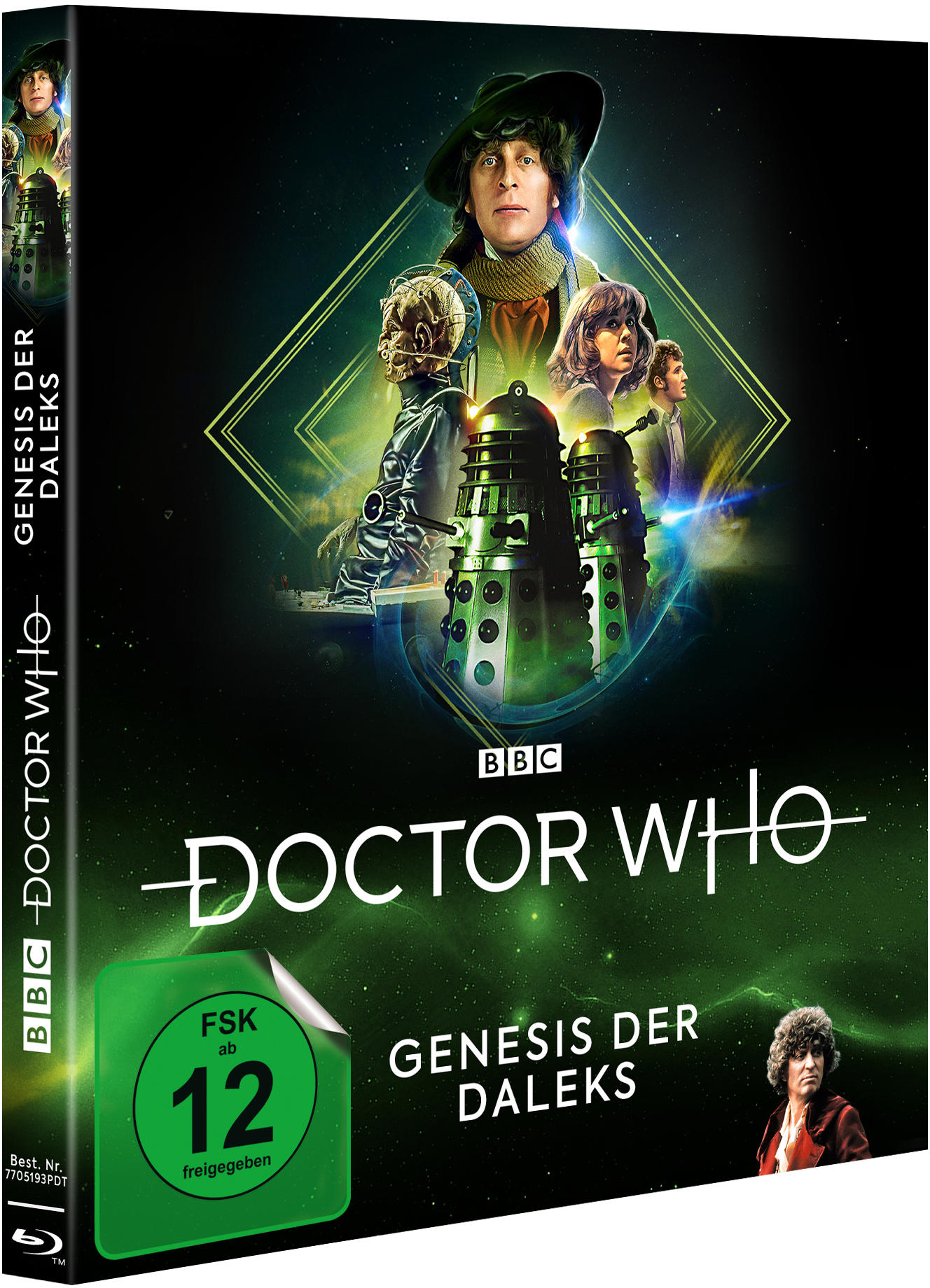 DVD-Box von Doctor Who: Genesis der Daleks. Das Cover zeigt den Doktor und Daleks.