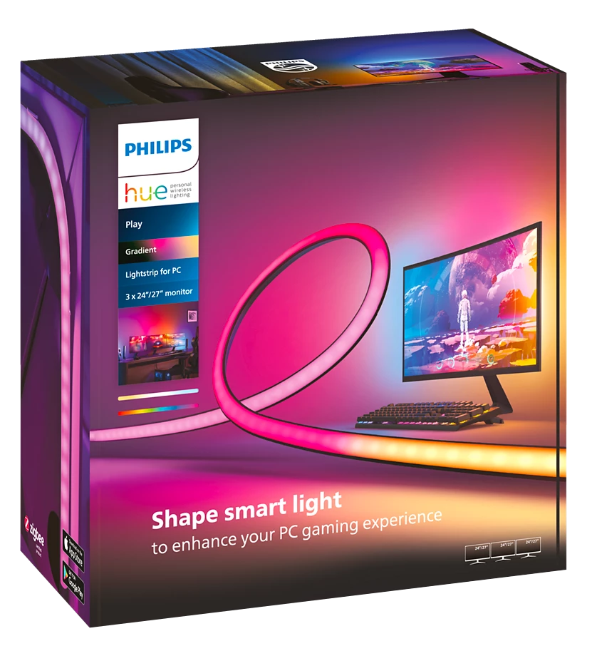 Egy Philips Hue fénycsík doboz, a terméket és a PC-s játékhoz való funkciókat mutatja.