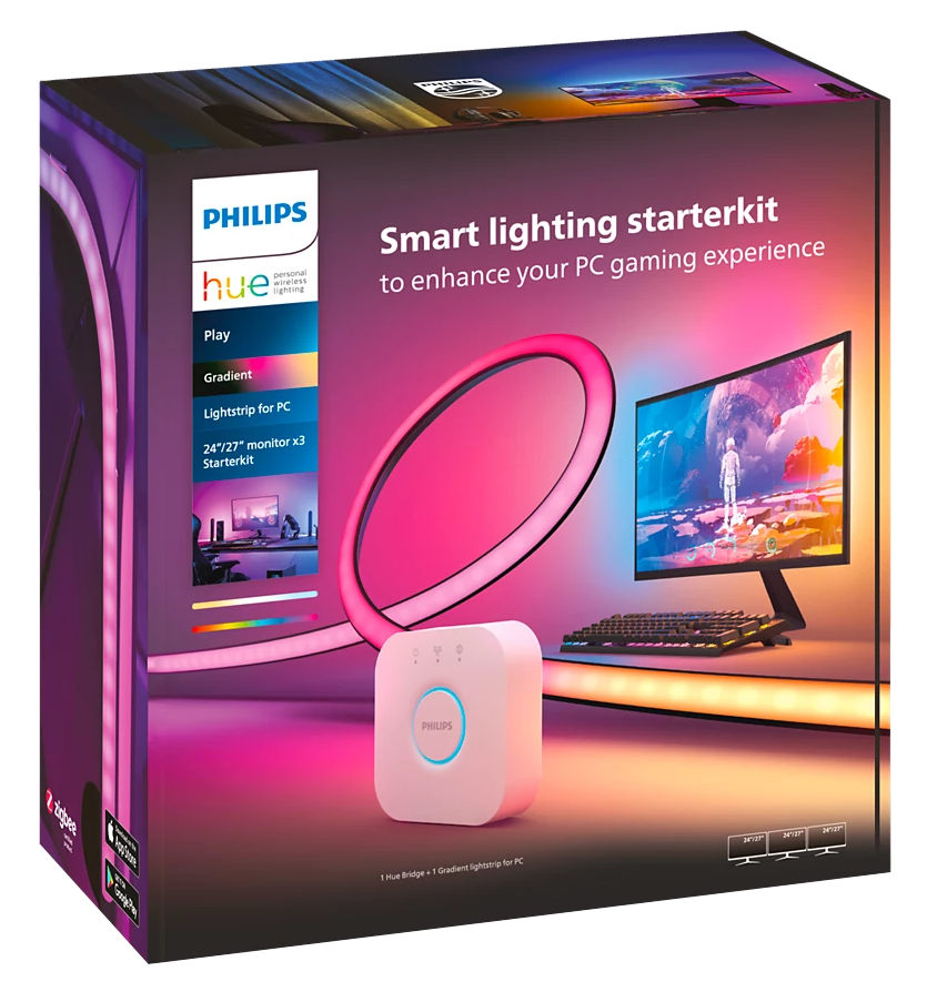 Philips Hue márkájú doboz. Egy monitort, egy fényszalagot és lámpákat mutat.