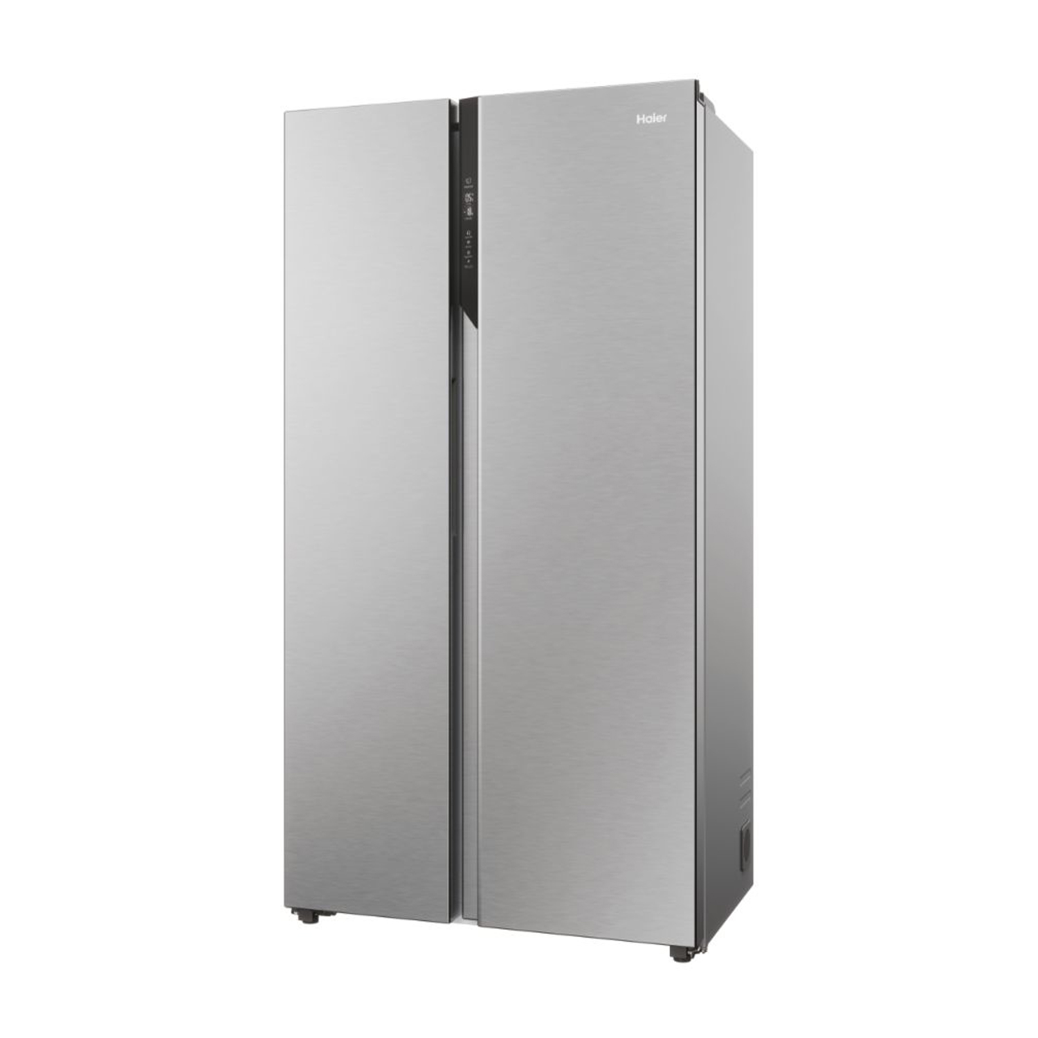 Un frigorifero Haier side-by-side in acciaio inossidabile su sfondo bianco.