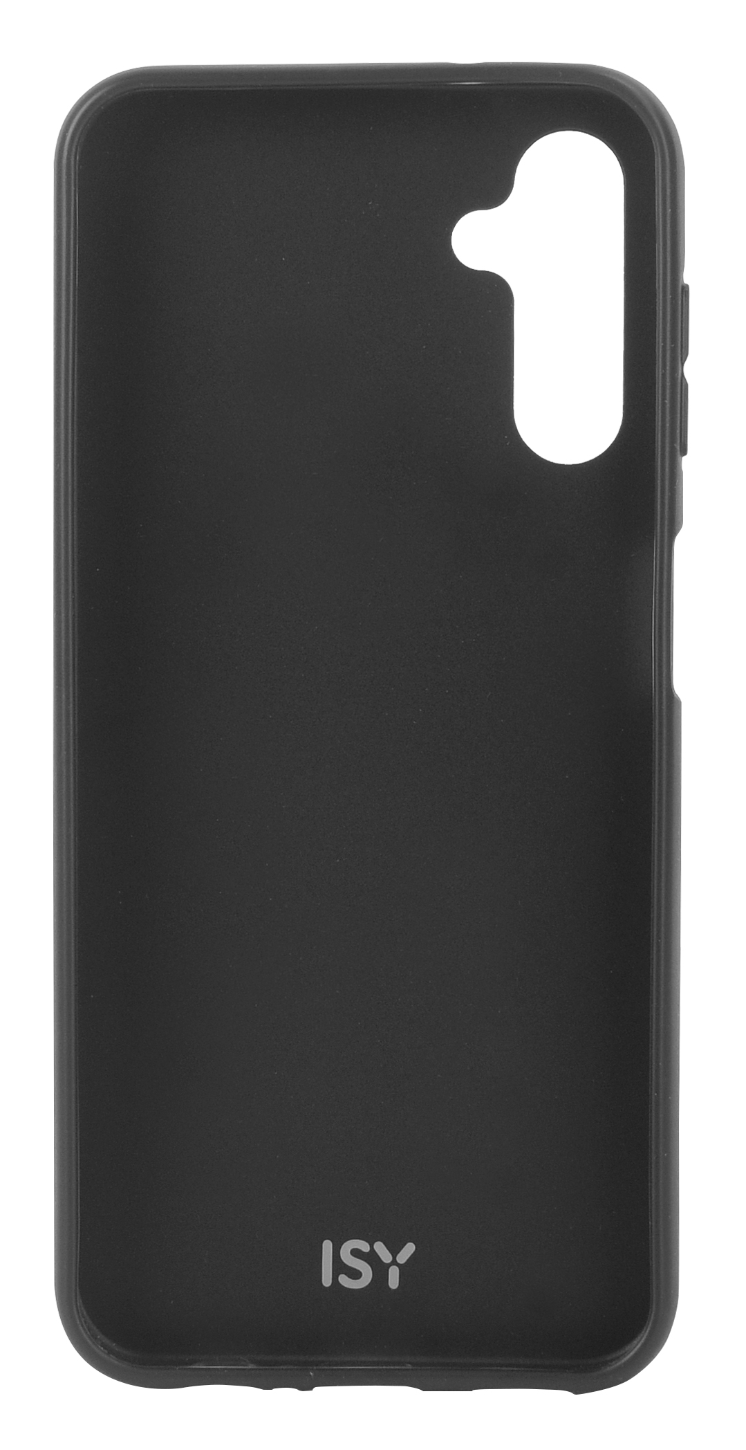 Eine schwarze Handyhülle mit Kameraausschnitt und der Marke ISY unten.