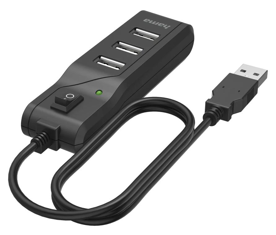 Egy fekete Hama USB hub, négy porttal és egy bekapcsoló gombbal.